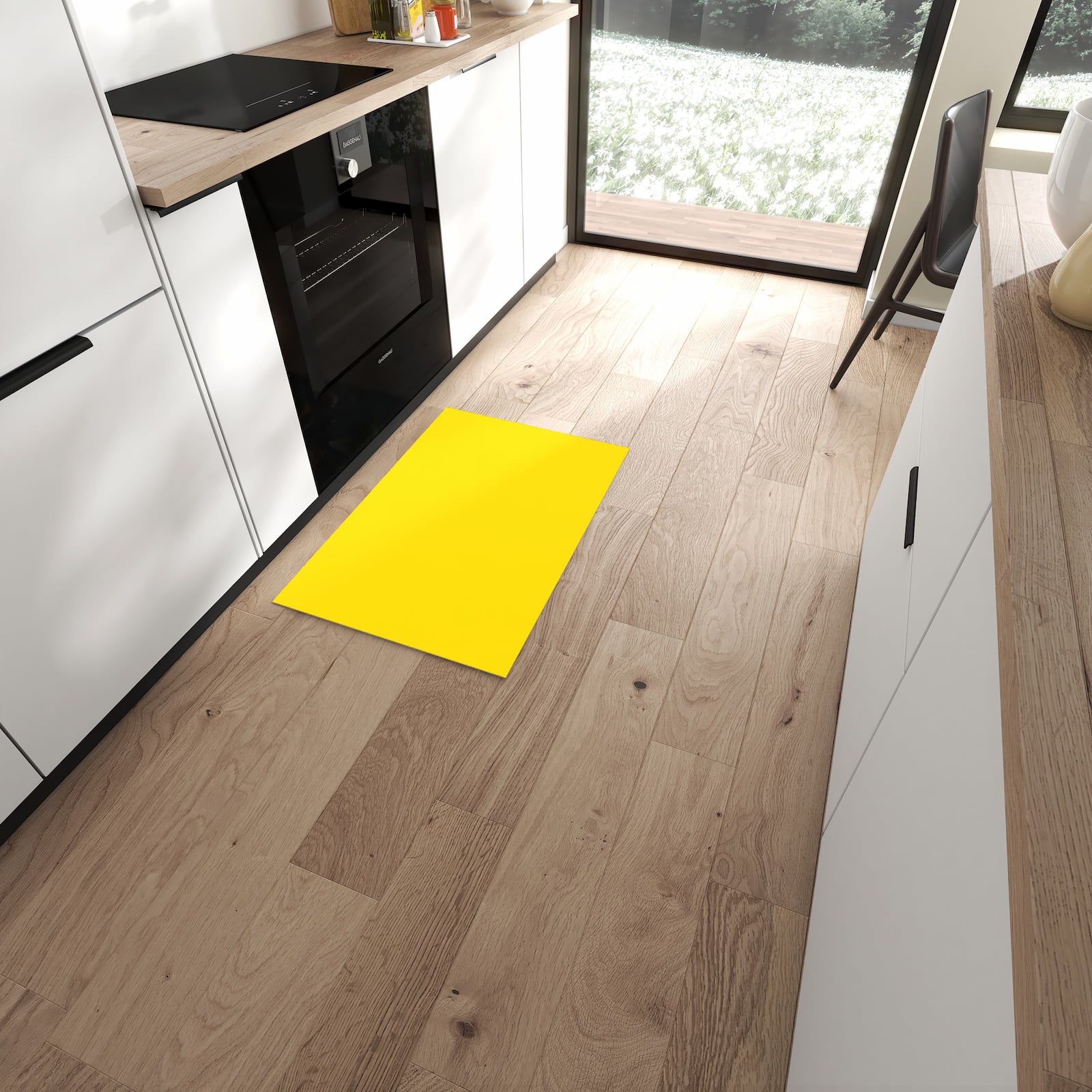 Waschbarer Teppich fürs Esszimmer mit Motiv Oranger Hintergrund III in moderner Küche