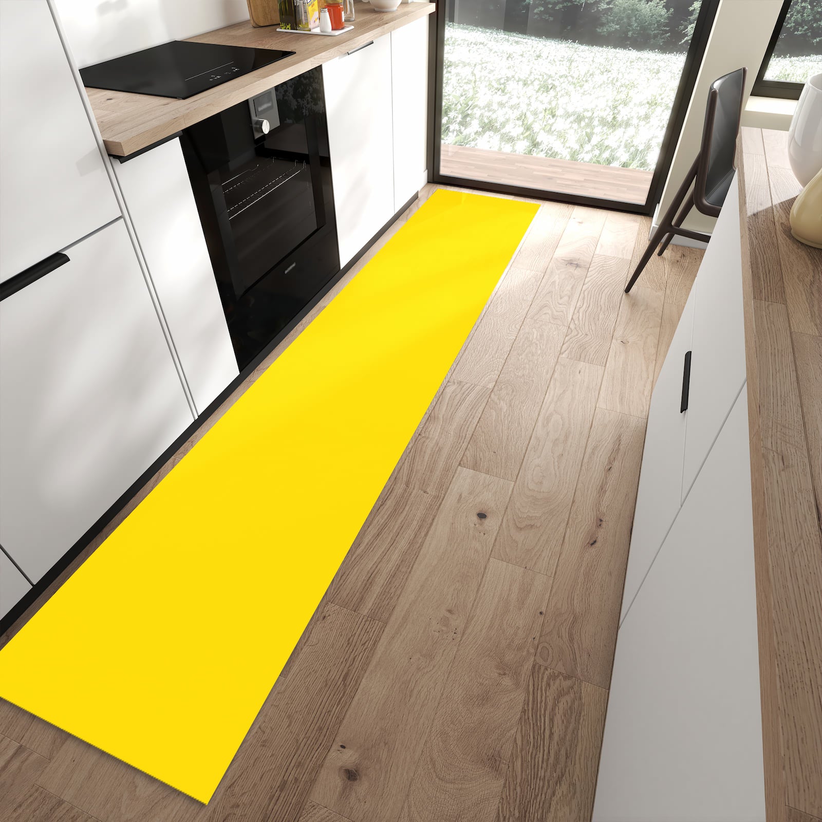 Waschbarer Küchenteppich mit Motiv Oranger Hintergrund III in moderner Küche für sichere Aufbewahrung