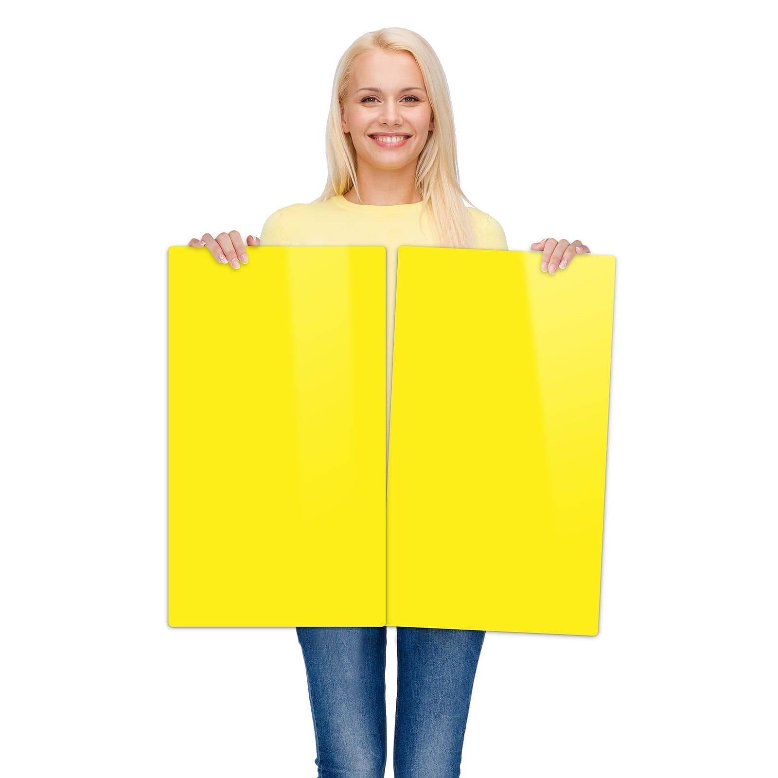 2-teilige Ceranfeldabdeckungen mit Gelber Hintergrund I-Motiv werden zur Größendarstellung gehalten