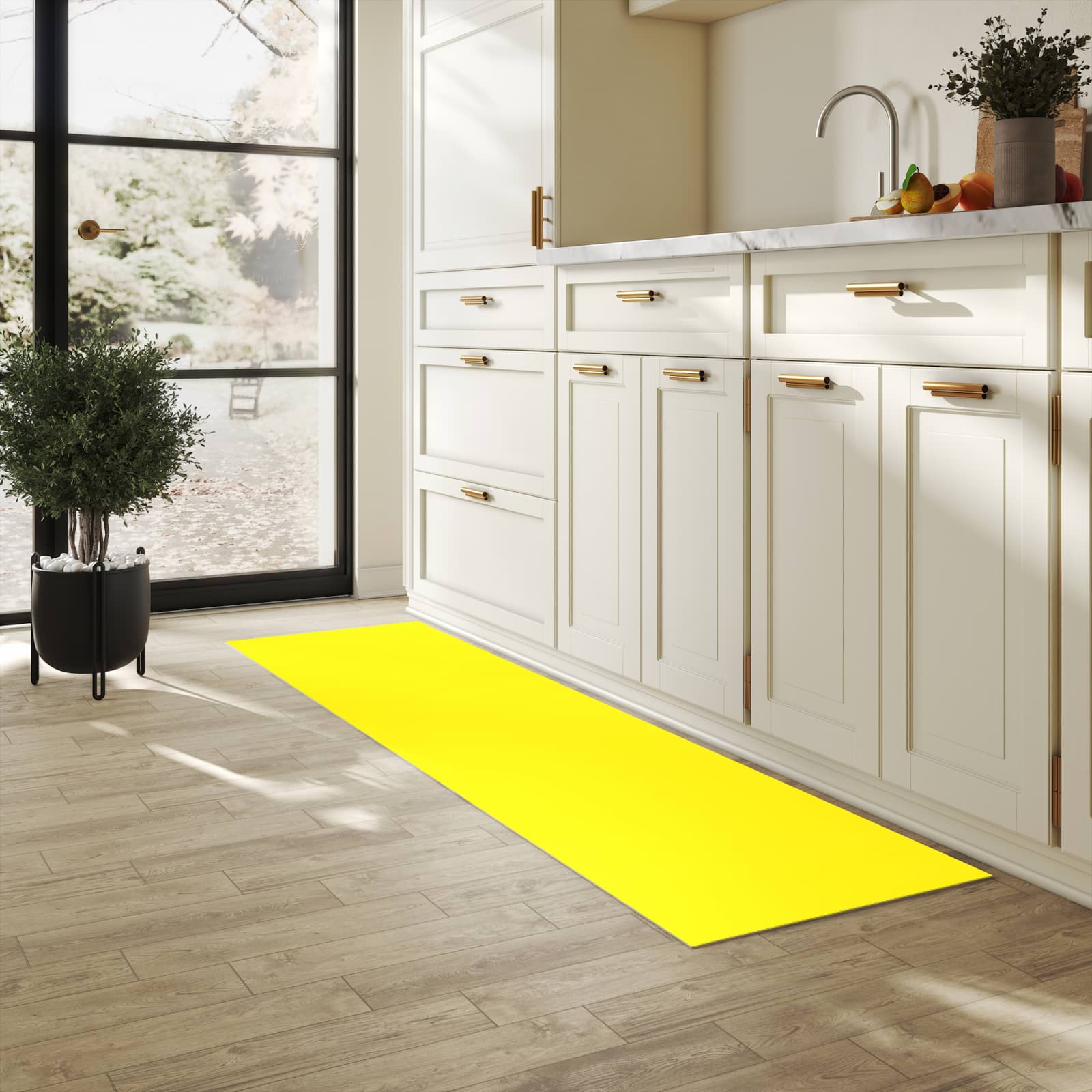 Küchenteppich mit Motiv Gelber Hintergrund I in heller Küche für sicheres Aufbewahren
