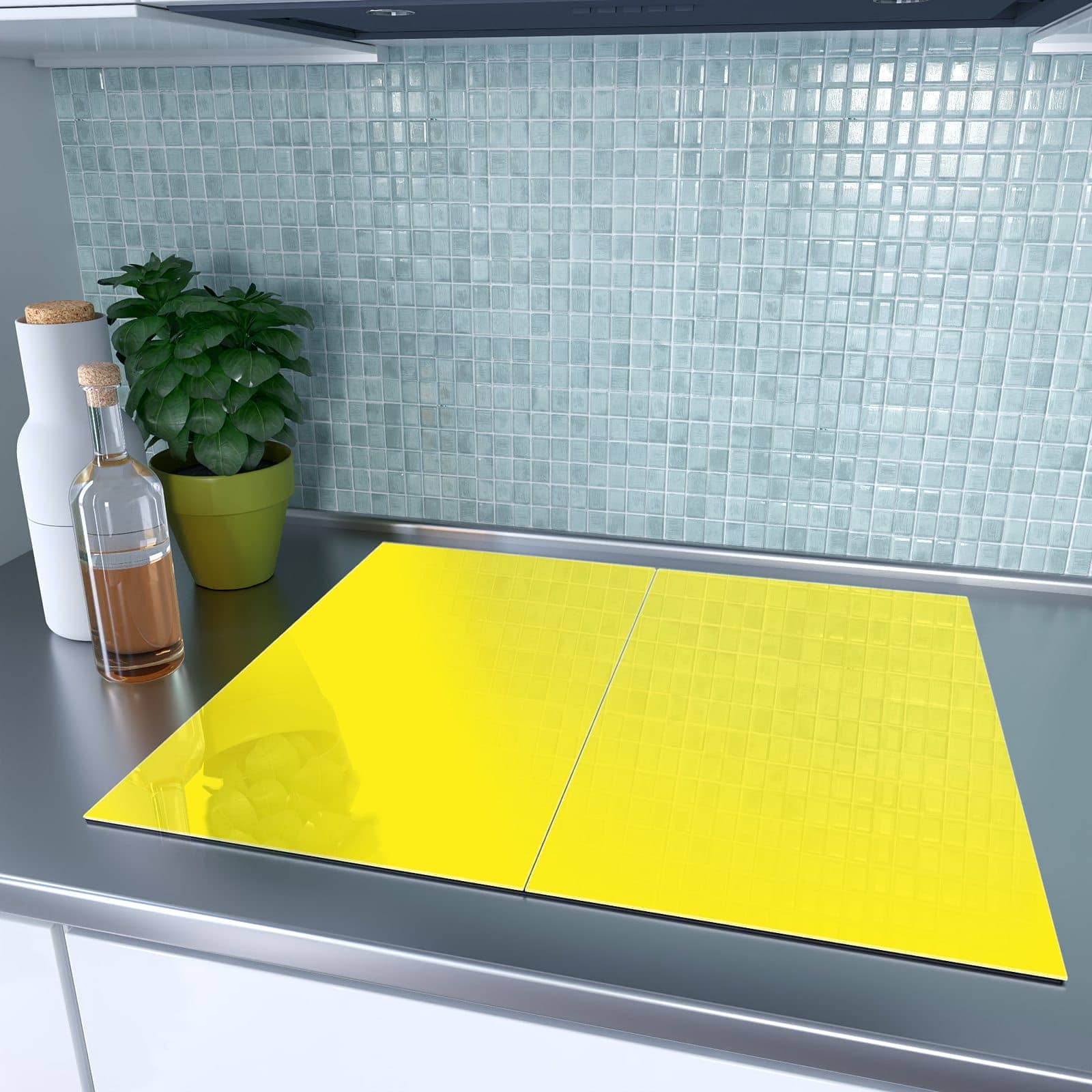 2-teilige Herdabdeckplatte aus Glas mit Gelber Hintergrund I-Motiv auf dem Ceranfeld