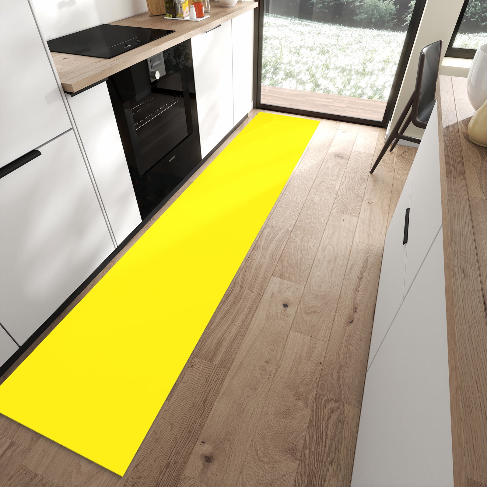 Pflegeleichter Küchenläufer mit Motiv Gelber Hintergrund I in moderner Küche