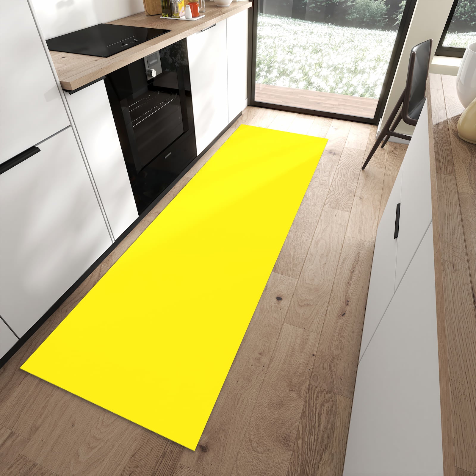 Strapazierfähiger Küchenläufer mit Motiv Gelber Hintergrund I in moderner Küche