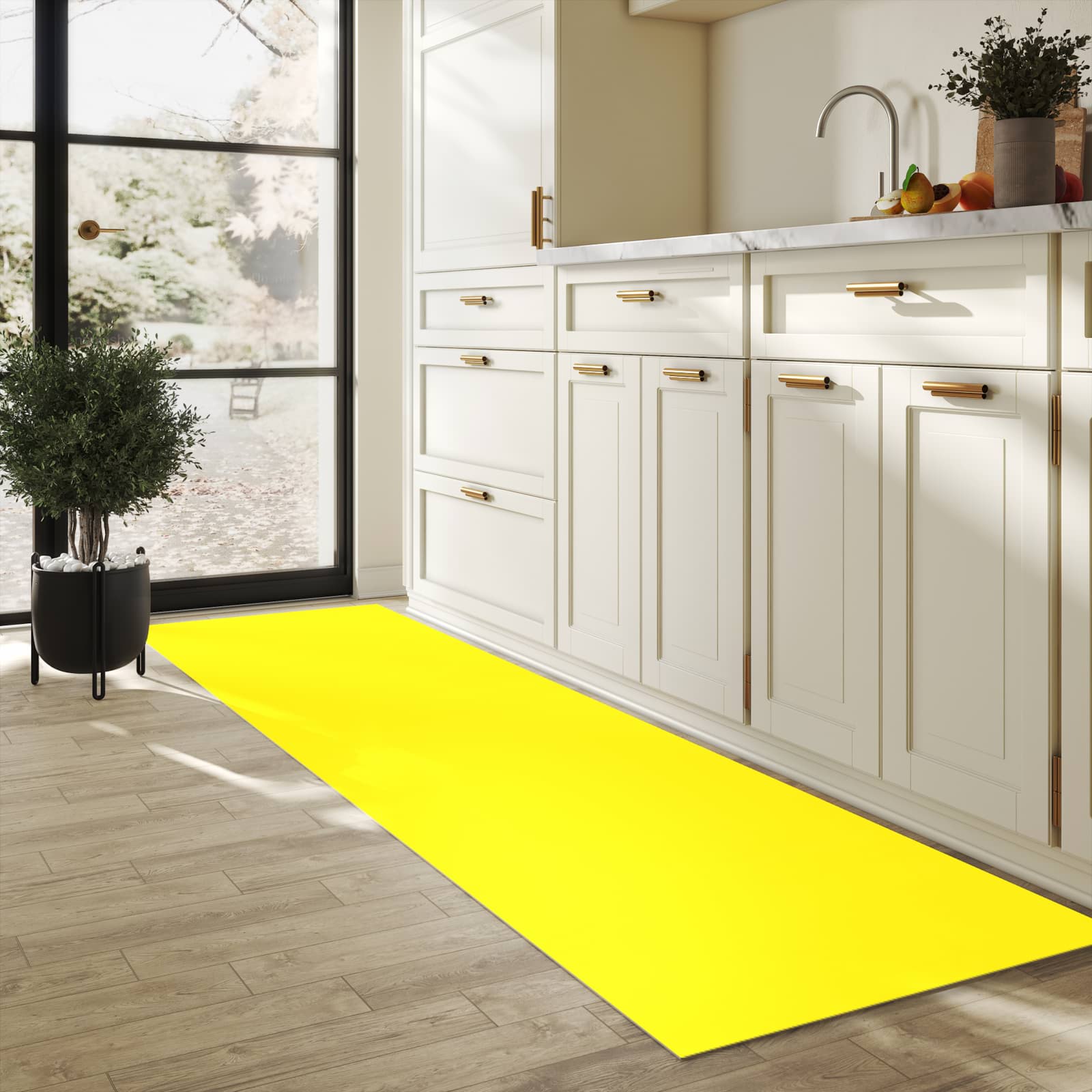 Fleckenresistenter Küchenläufer mit Motiv Gelber Hintergrund I in heller Küche