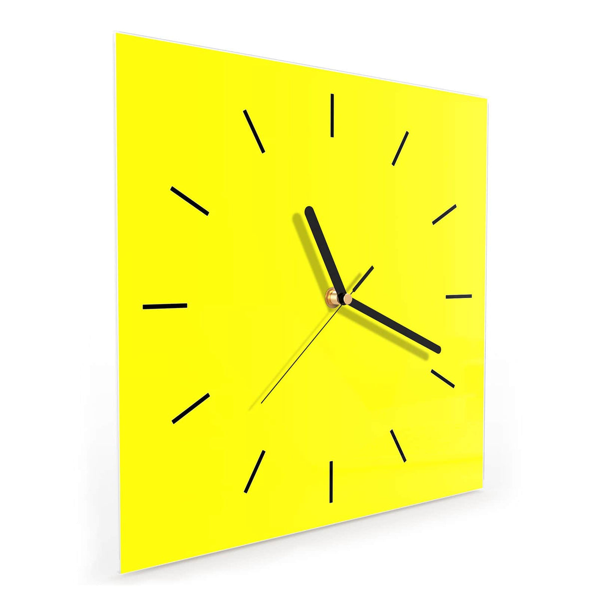 Quadratische Wanduhr aus Glas Zitronengelb schräg von der Seite, 4 mm starkes Glas