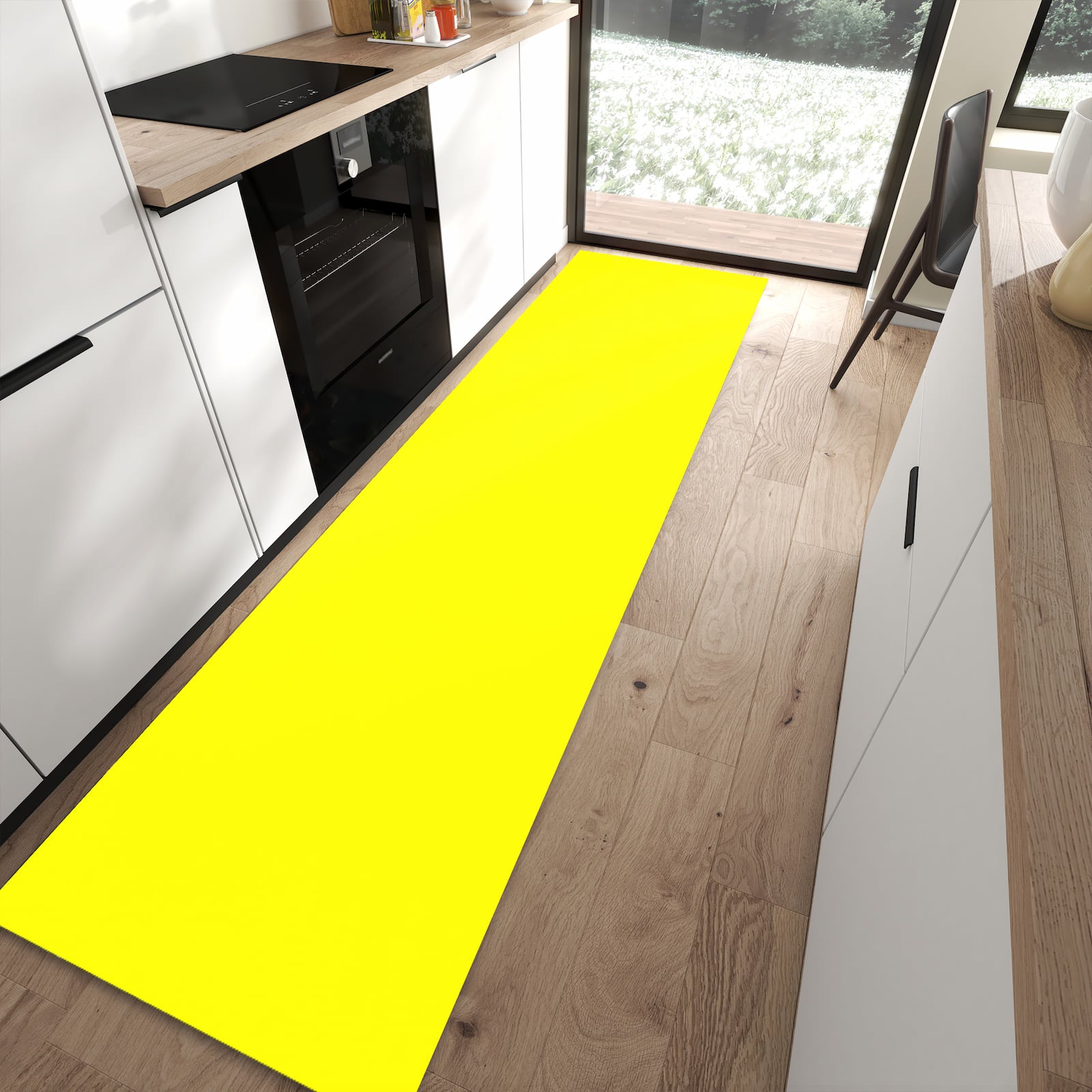 Fleckenresistenter Küchenteppich mit Motiv Gelber Hintergrund II in moderner Küche