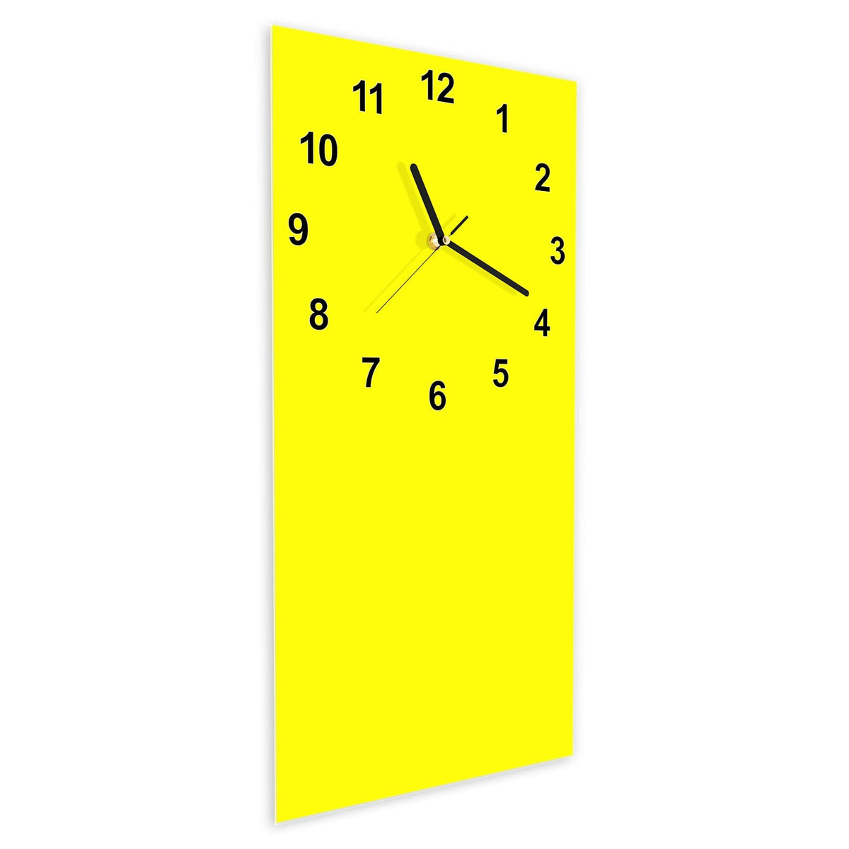 Wanduhr aus Glas im Hochformat Zitronengelb schräg von der Seite, 4 mm starkes Glas