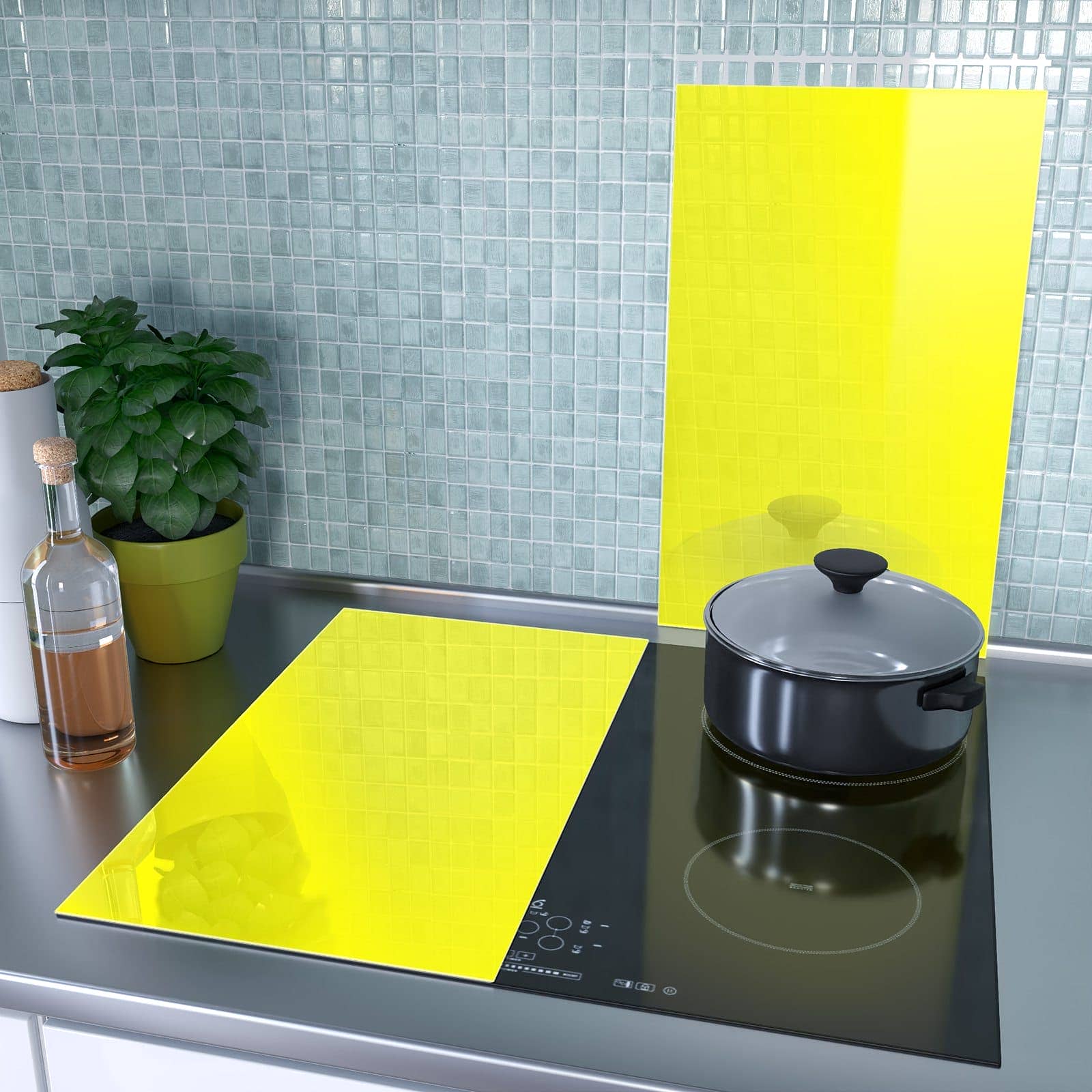 2-teilige Abdeckplatten für Ceranfeld mit Gelber Hintergrund II-Motiv als Spritzschutz hinter dem Kochfeld