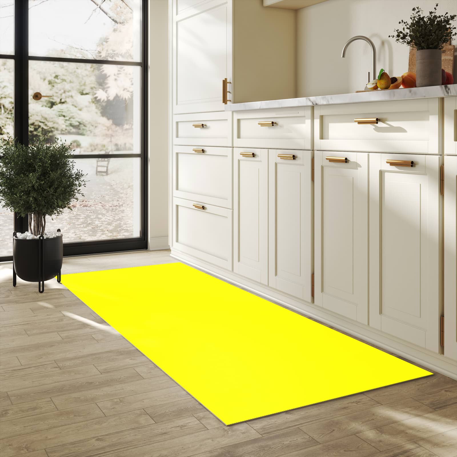Küchenteppich mit Motiv Gelber Hintergrund II für Ordnung & Übersicht in heller Küche