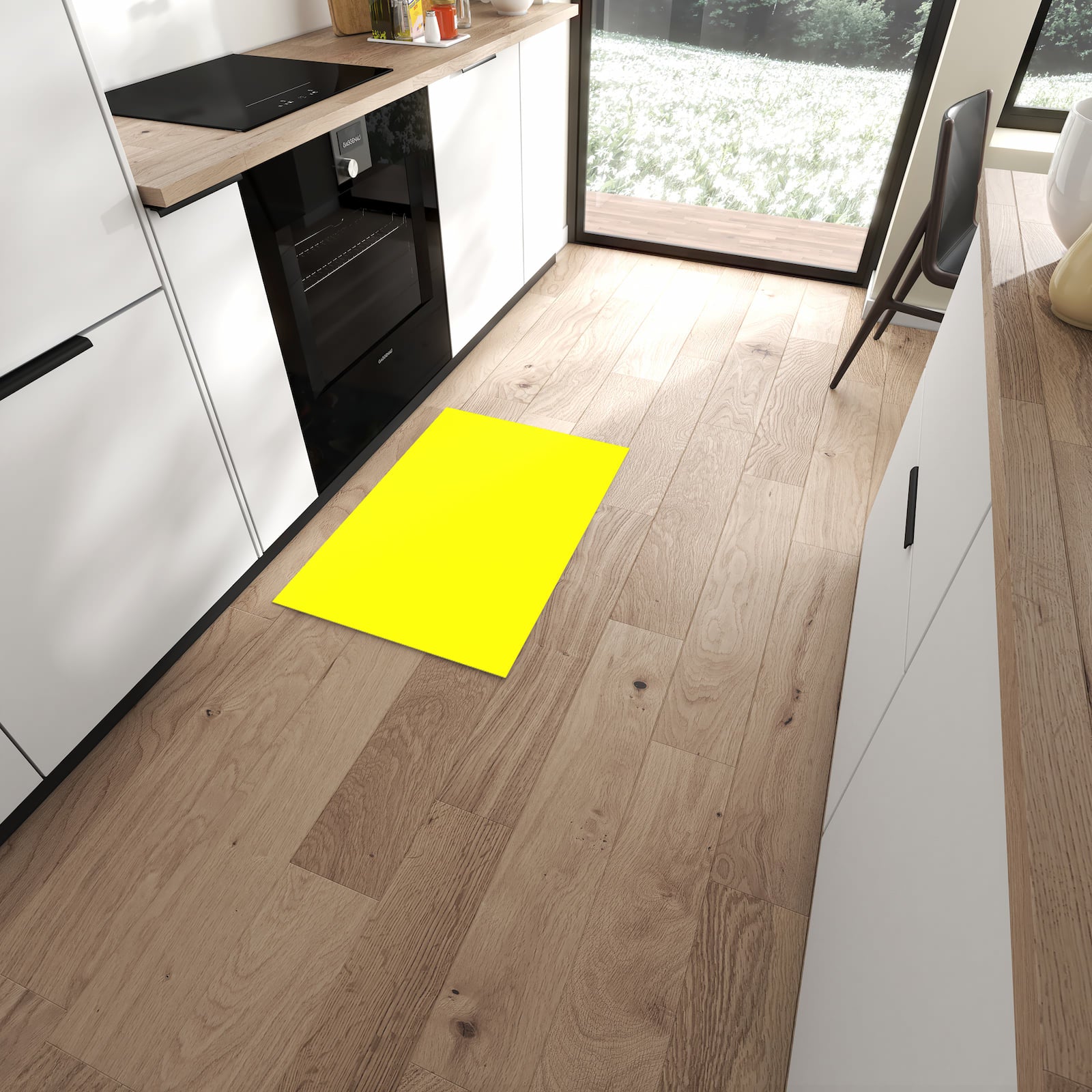 Abriebfester Küchenteppich mit Motiv Gelber Hintergrund II in moderner Küche