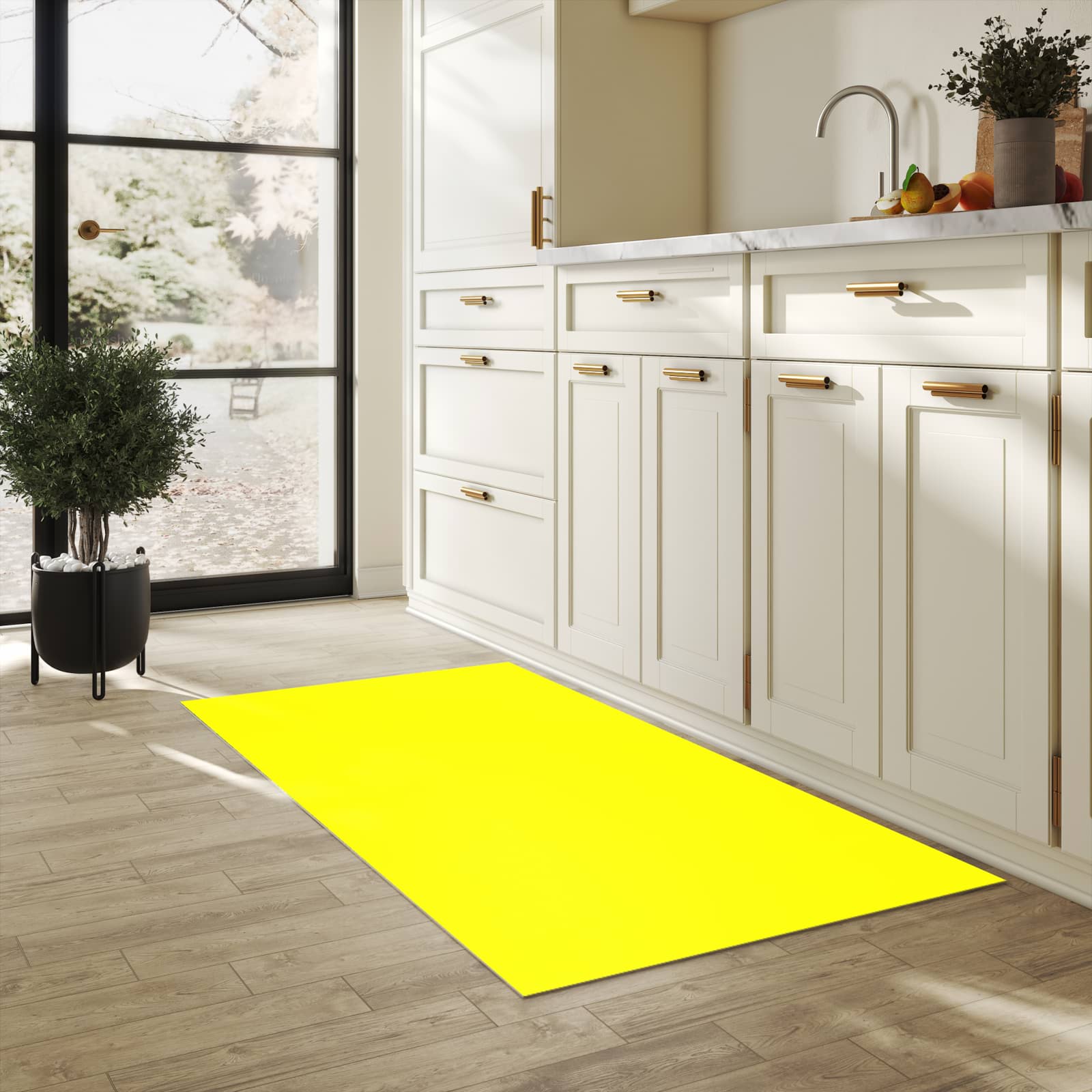 Bodenschonender Bodenläufer-Teppich mit Motiv Gelber Hintergrund II in heller Küche