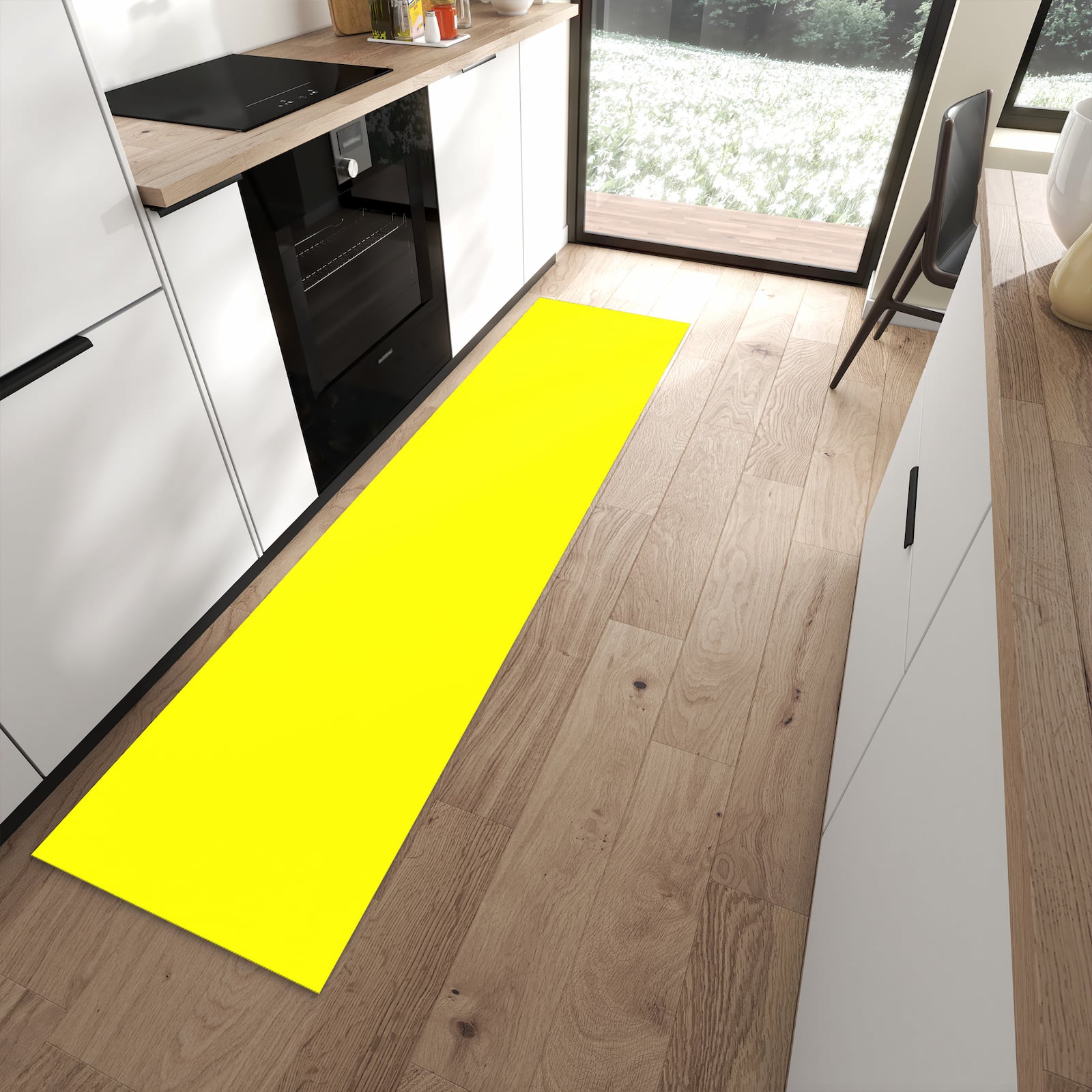 Waschbarer Küchenläufer mit Motiv Gelber Hintergrund II in moderner Küche für sichere Aufbewahrung