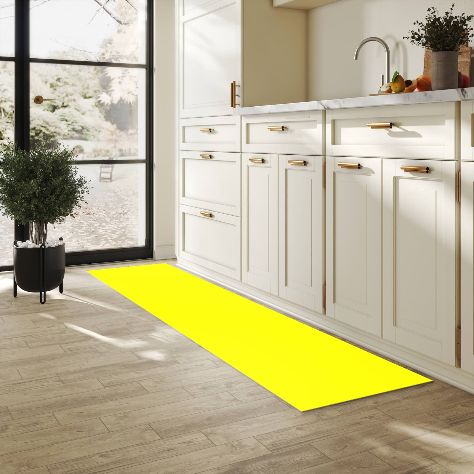 Dünner Küchenteppich mit Motiv Gelber Hintergrund II in heller Küche für angenehme Haptik