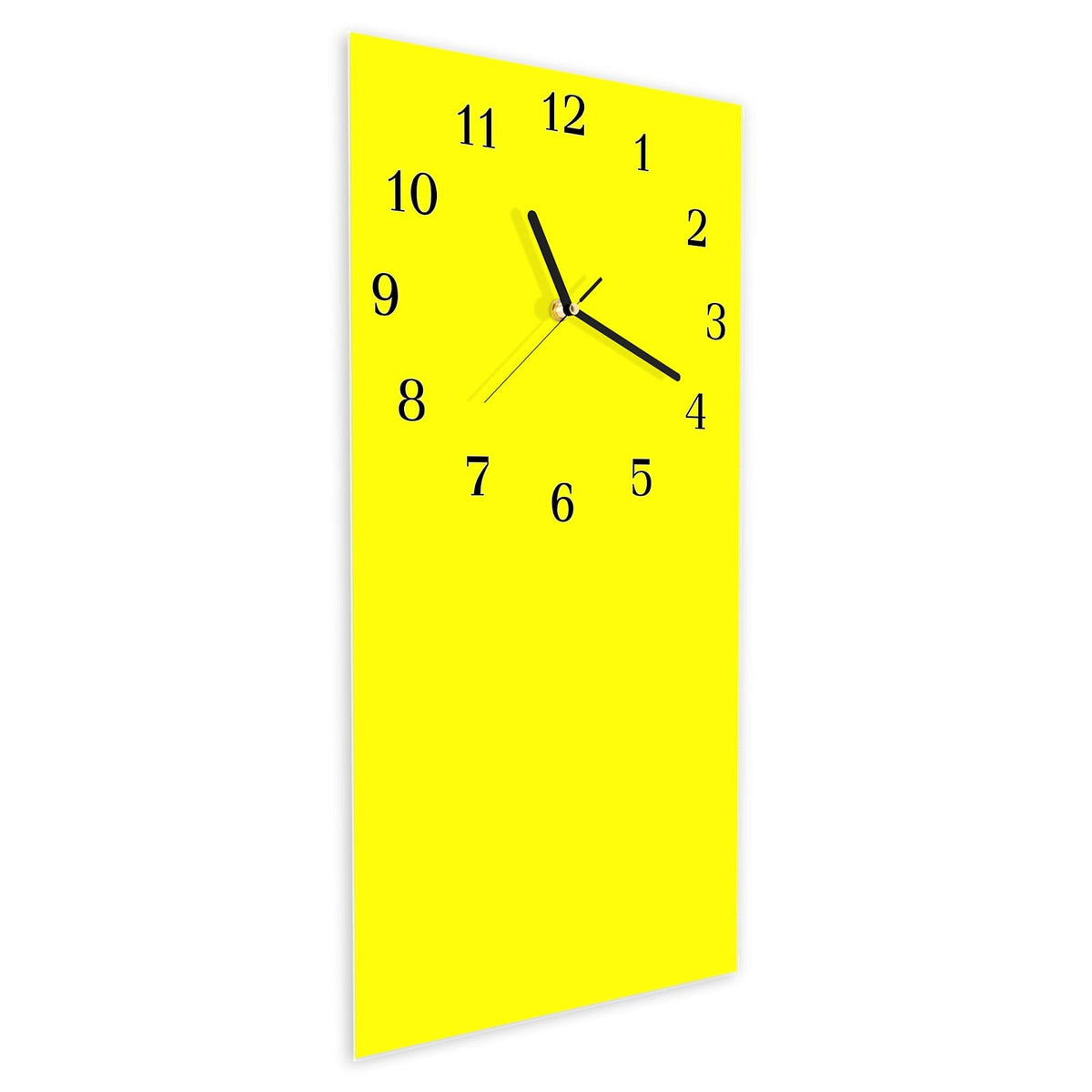 Wanduhr aus Glas im Hochformat Zitronengelb schräg von der Seite, 4 mm starkes Glas