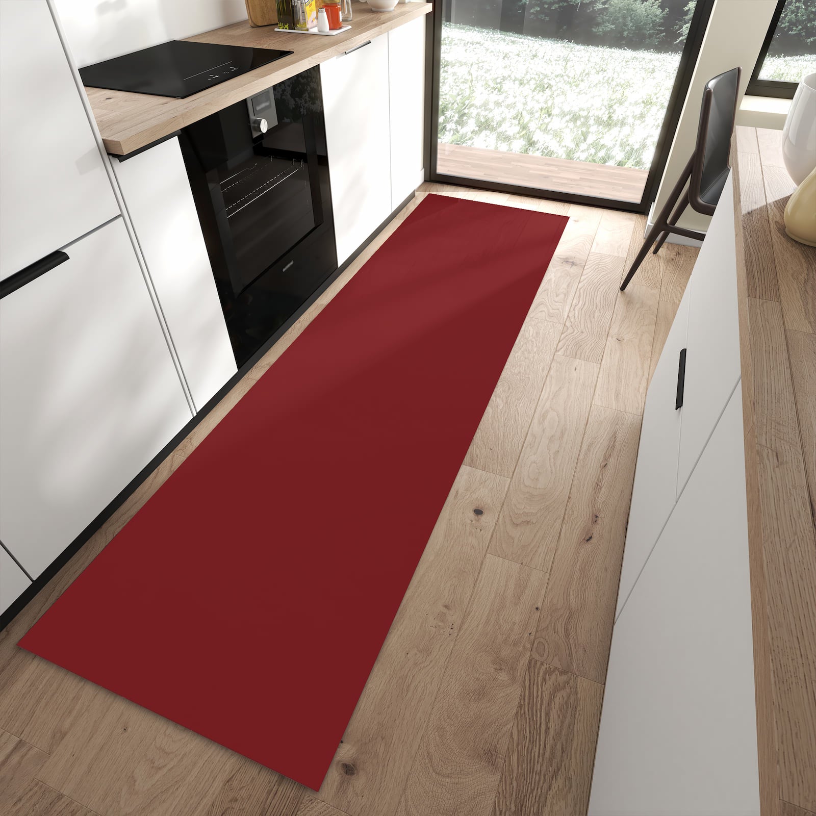 Rutschfester Küchenläufer mit Motiv Weinroter Hintergrund I in moderner Küche