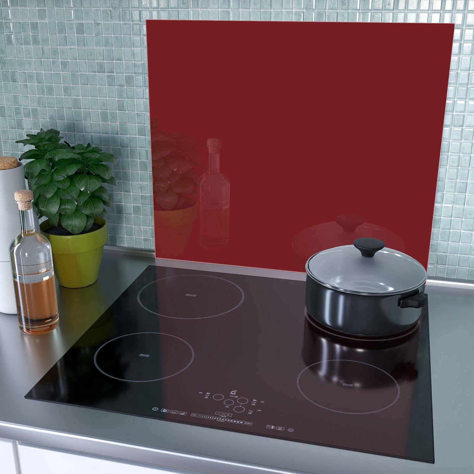 1-teilige Abdeckplatten für den Herd mit Weinroter Hintergrund I-Motiv als Spritzschutz hinter dem Kochfeld