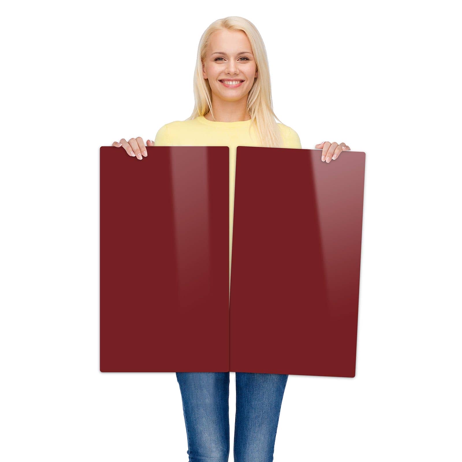 2-teilige Herdabdeckplatten für Ceranfeld mit Weinroter Hintergrund I-Motiv wird zur Größendarstellung gehalten