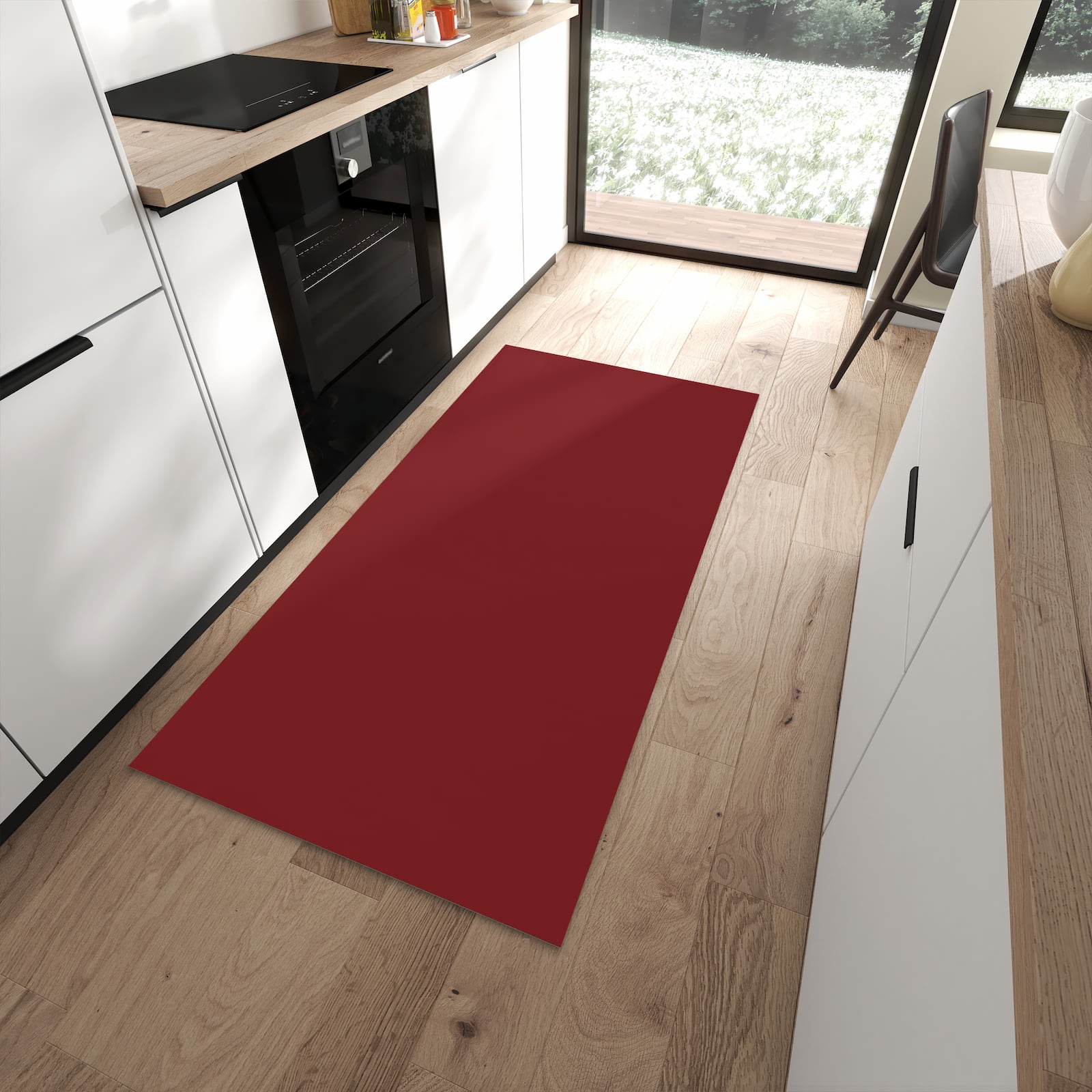 Bodenschonender rutschfester Küchenläufer mit Motiv Weinroter Hintergrund I in moderner Küche