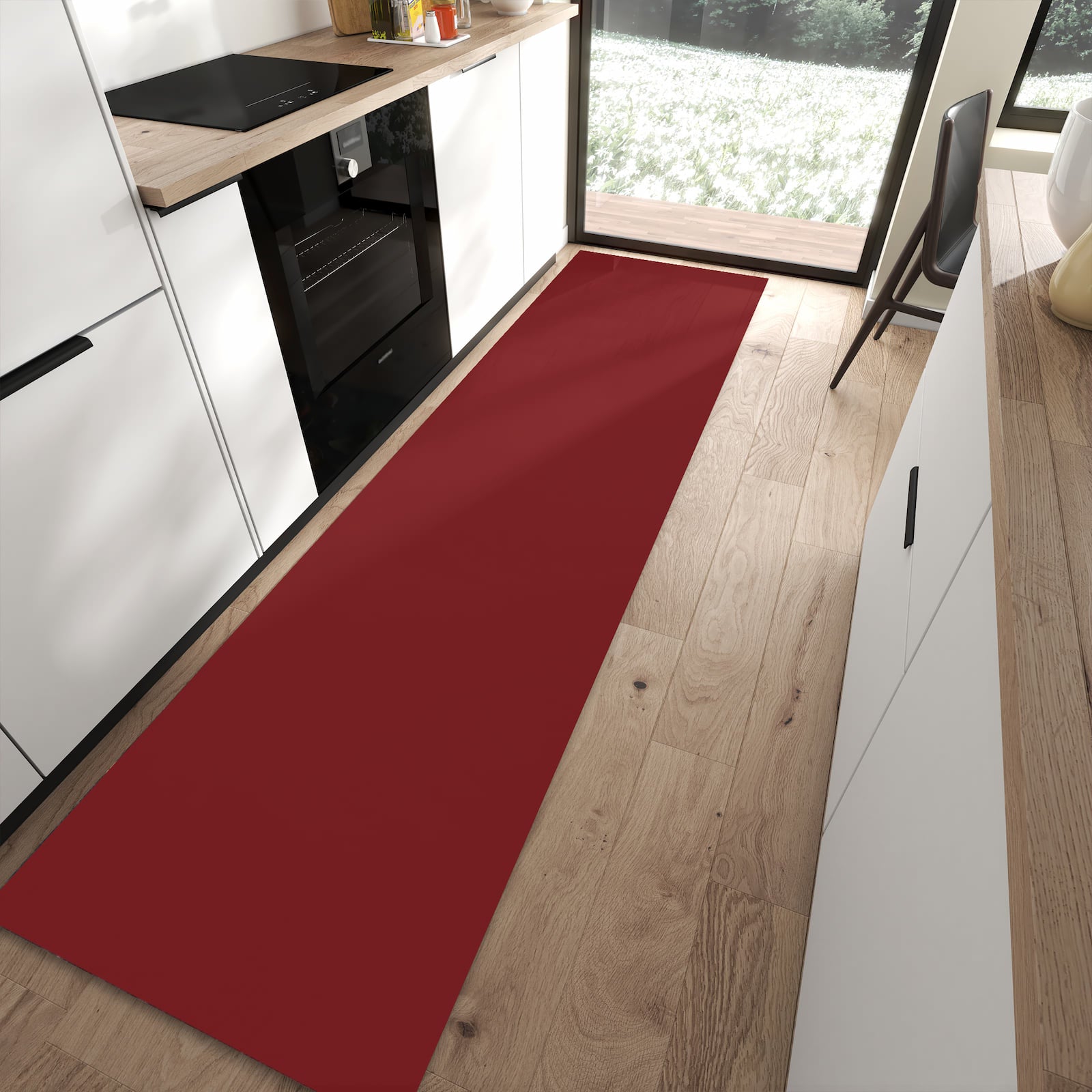 Feuchtigkeitsresistenter rutschfester Küchenläufer mit Motiv Weinroter Hintergrund I in moderner Küche