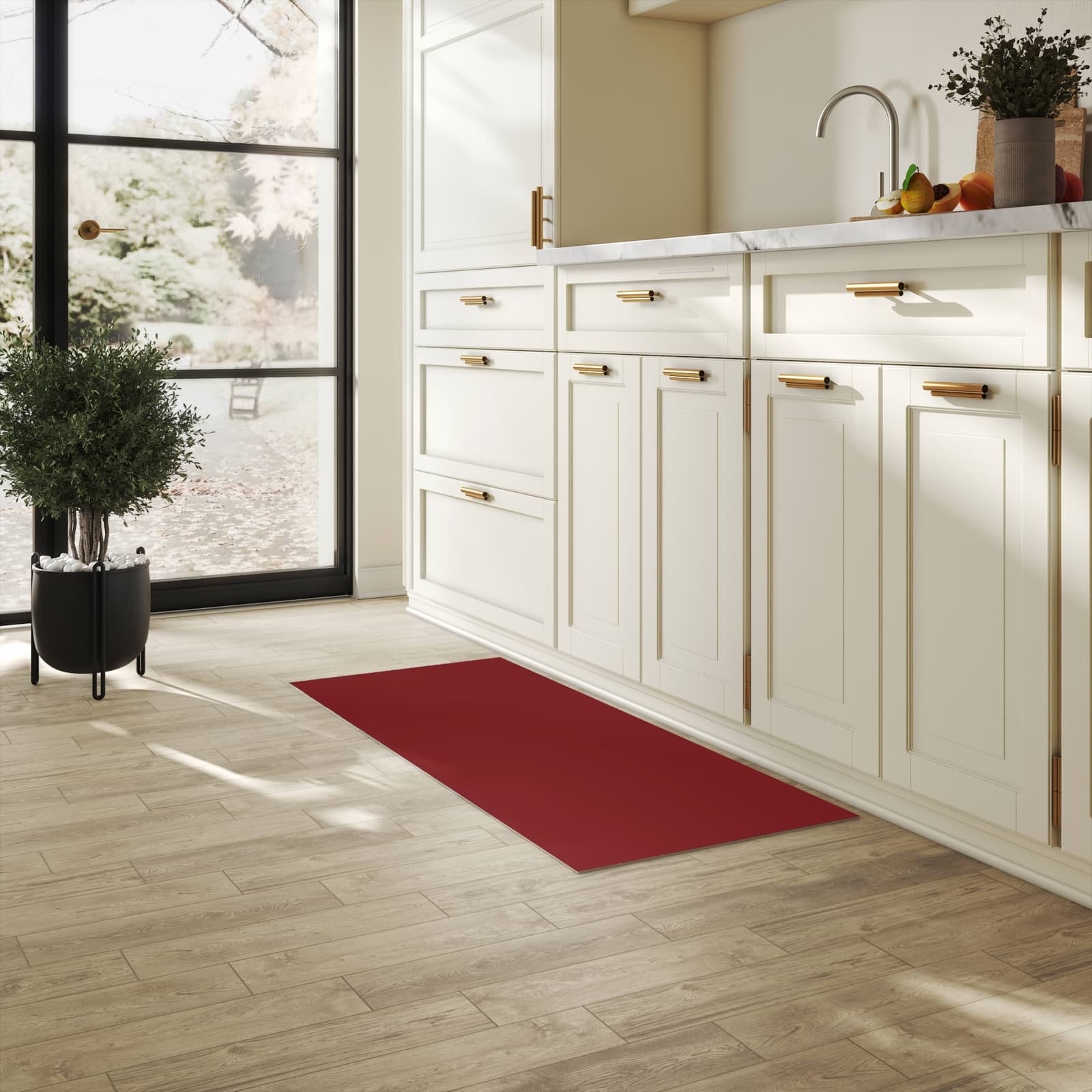 Waschbarer Küchenteppich mit Motiv Weinroter Hintergrund I in heller Küche