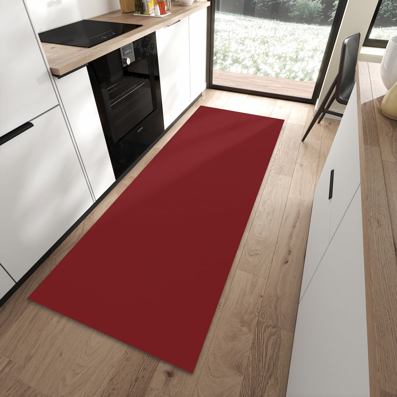 Waschbarer Küchenläufer mit Motiv Weinroter Hintergrund I für Ordnung in moderner Küche