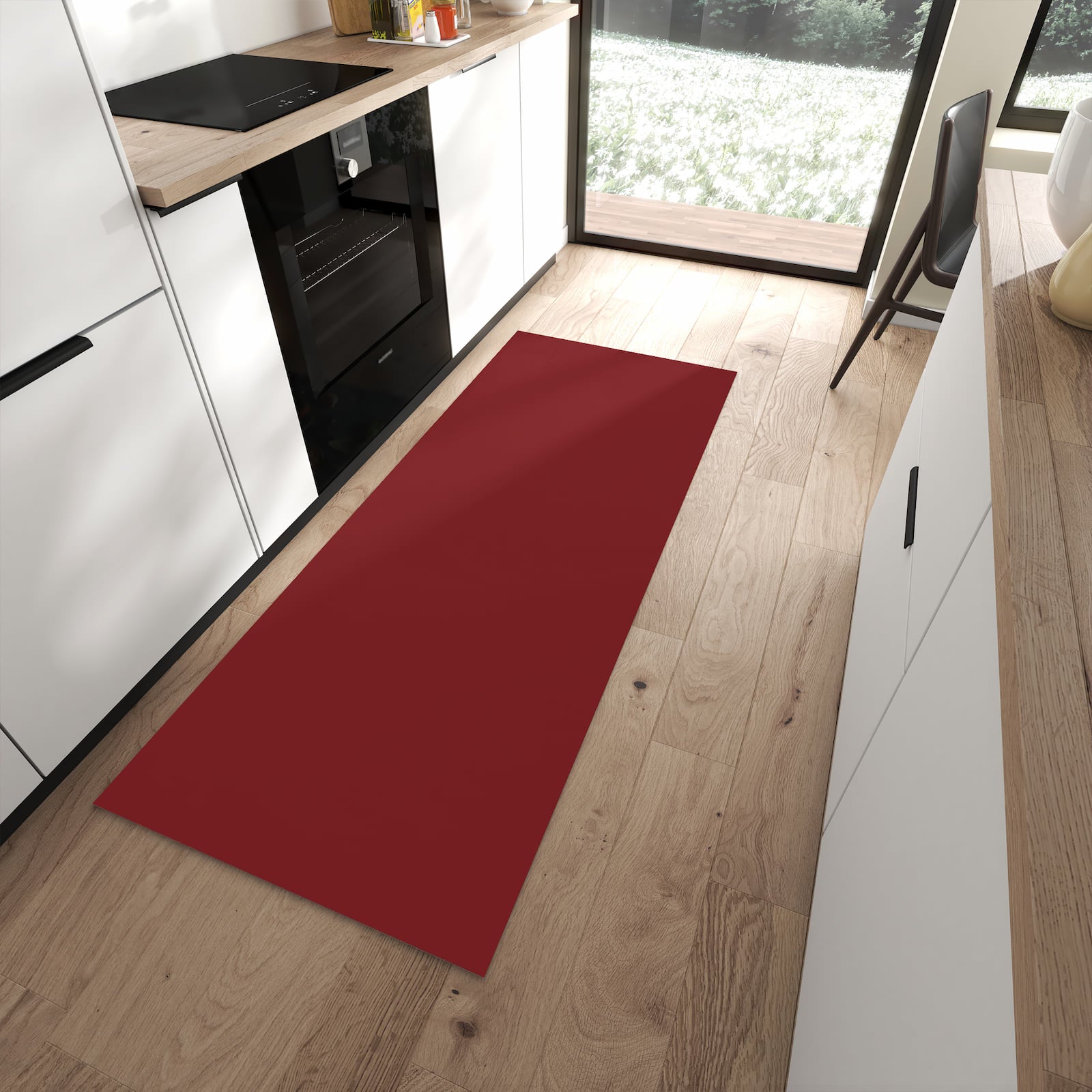 Waschbarer Küchenläufer mit Motiv Weinroter Hintergrund I in moderner Küche