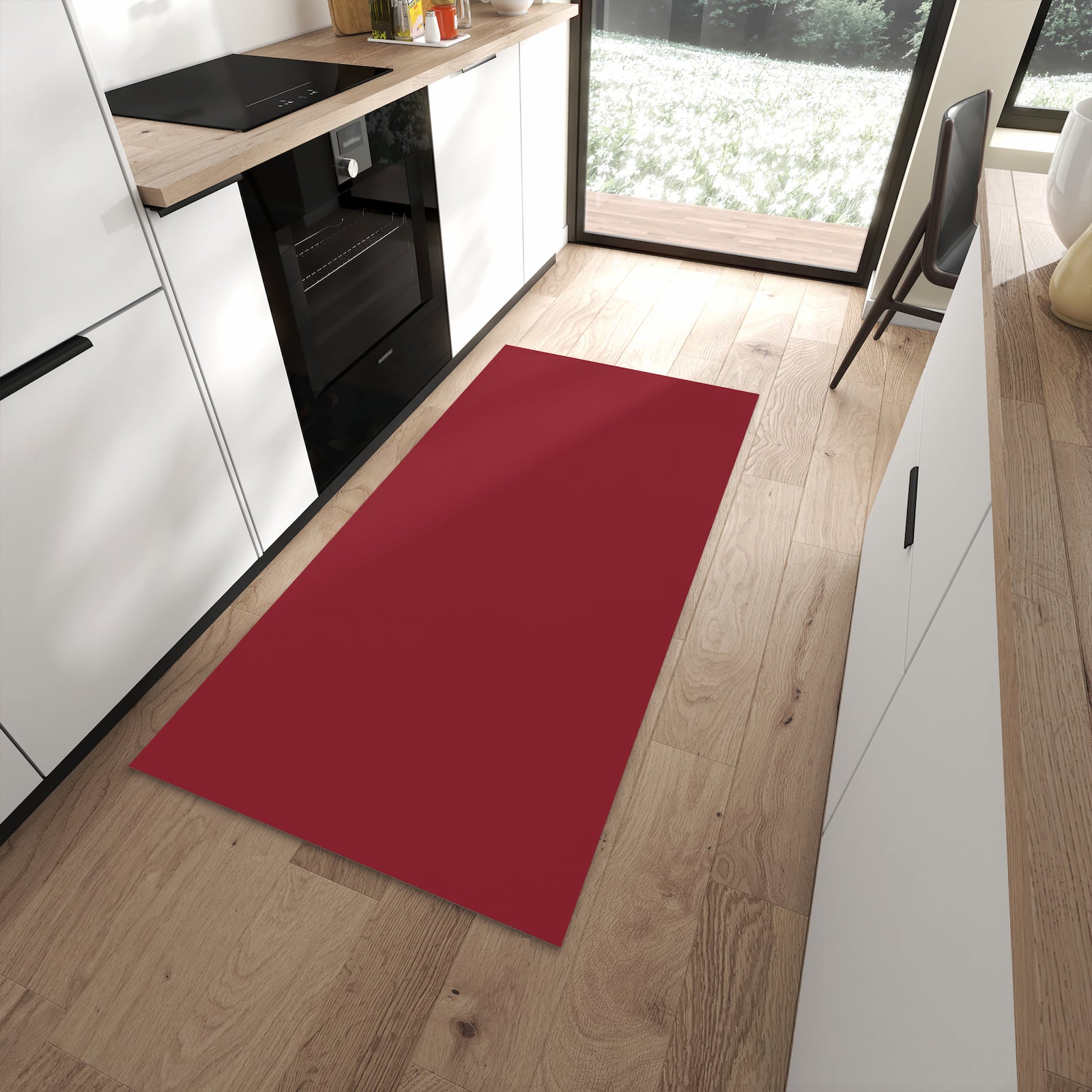 Langlebiger Küchenteppich mit Motiv Weinroter Hintergrund II in moderner Küche