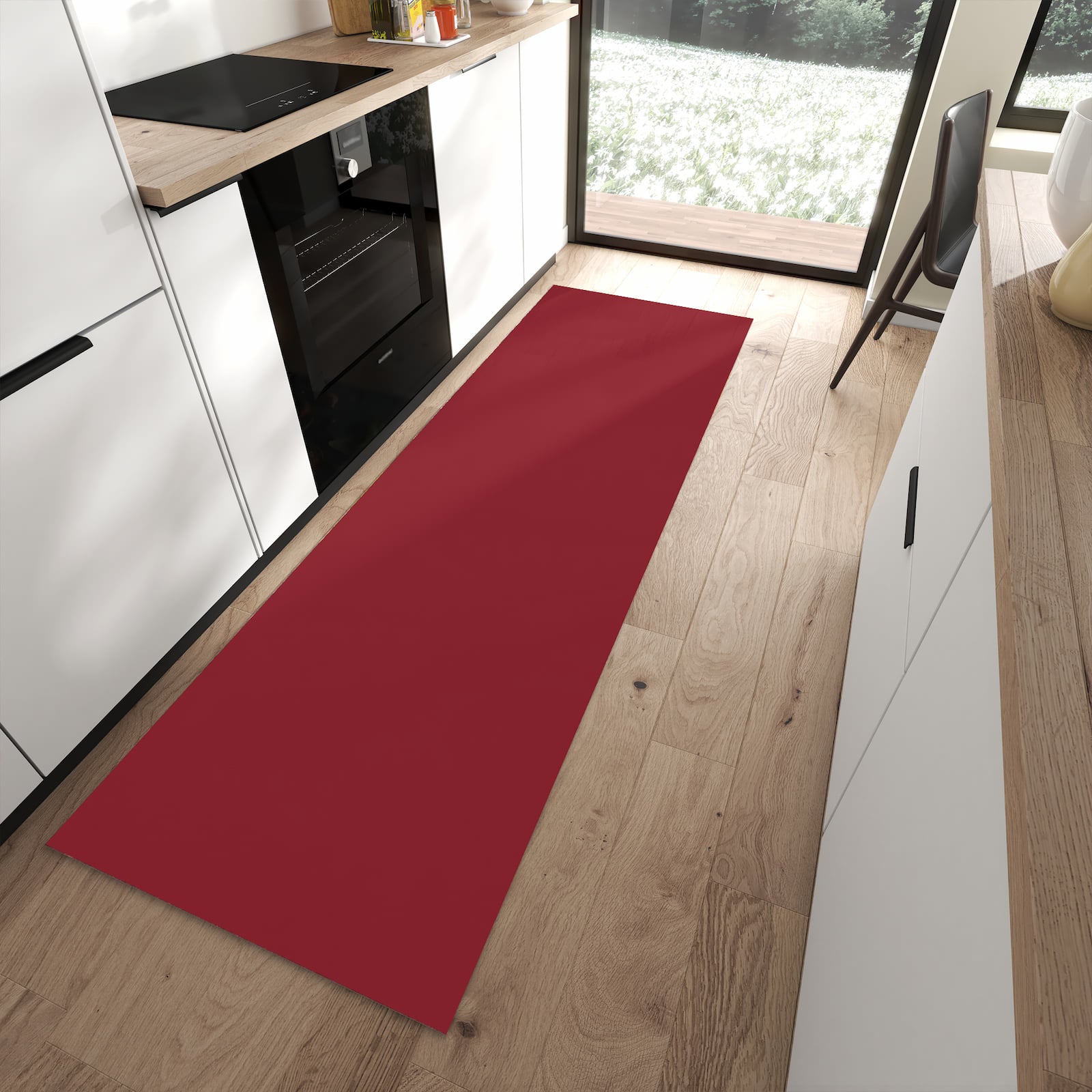 Fleckenresistenter Bodenläufer mit Motiv Weinroter Hintergrund II in moderner Küche