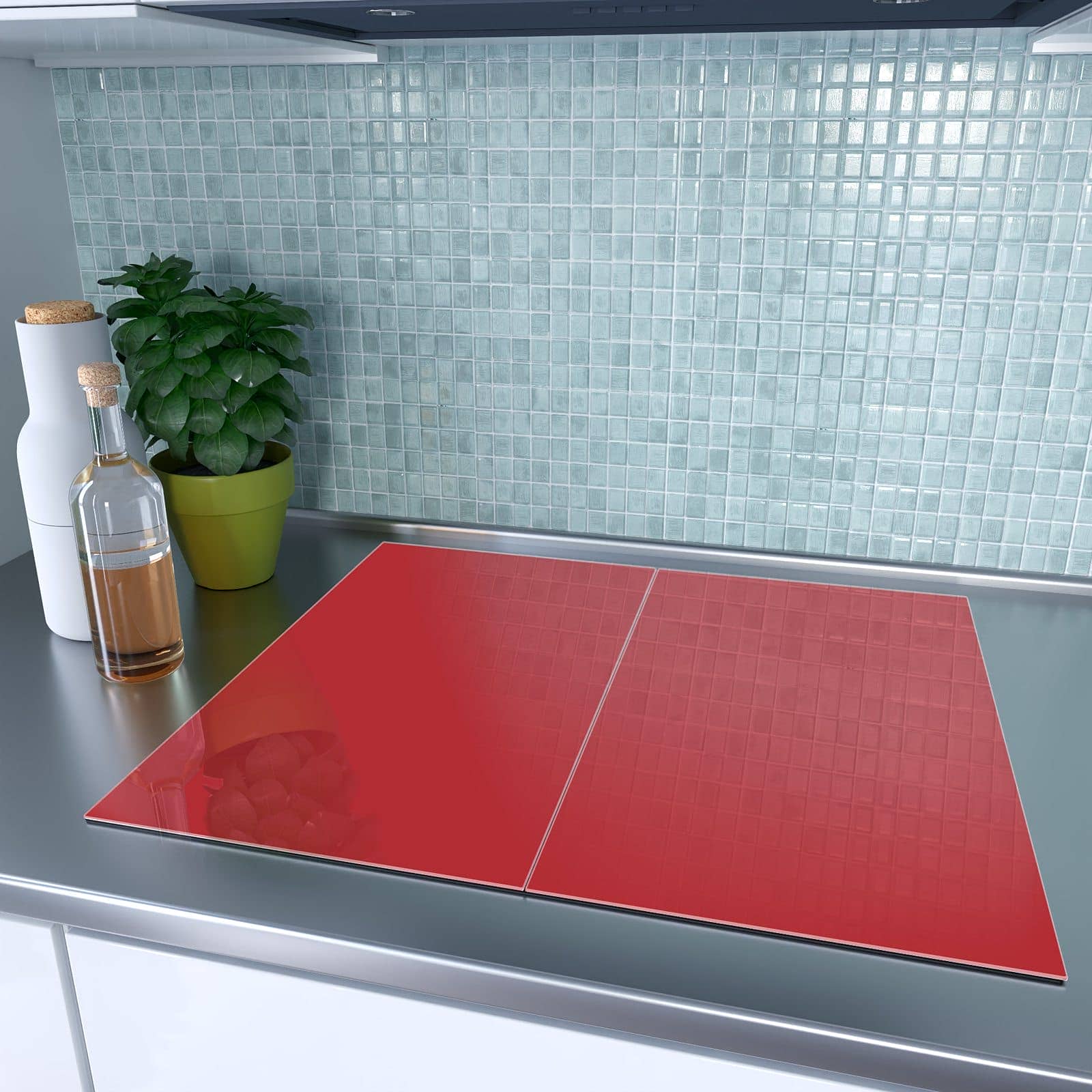 2-teilige Herdabdeckung aus Glas mit Weinroter Hintergrund III-Motiv auf dem Ceranfeld