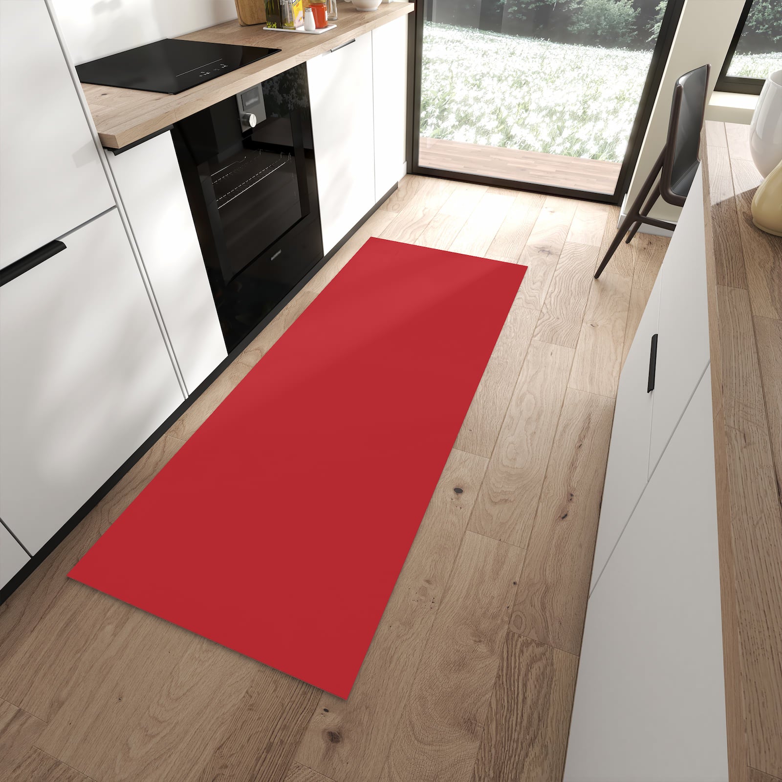 Rutschfester Küchenläufer mit Motiv Weinroter Hintergrund III in moderner Küche