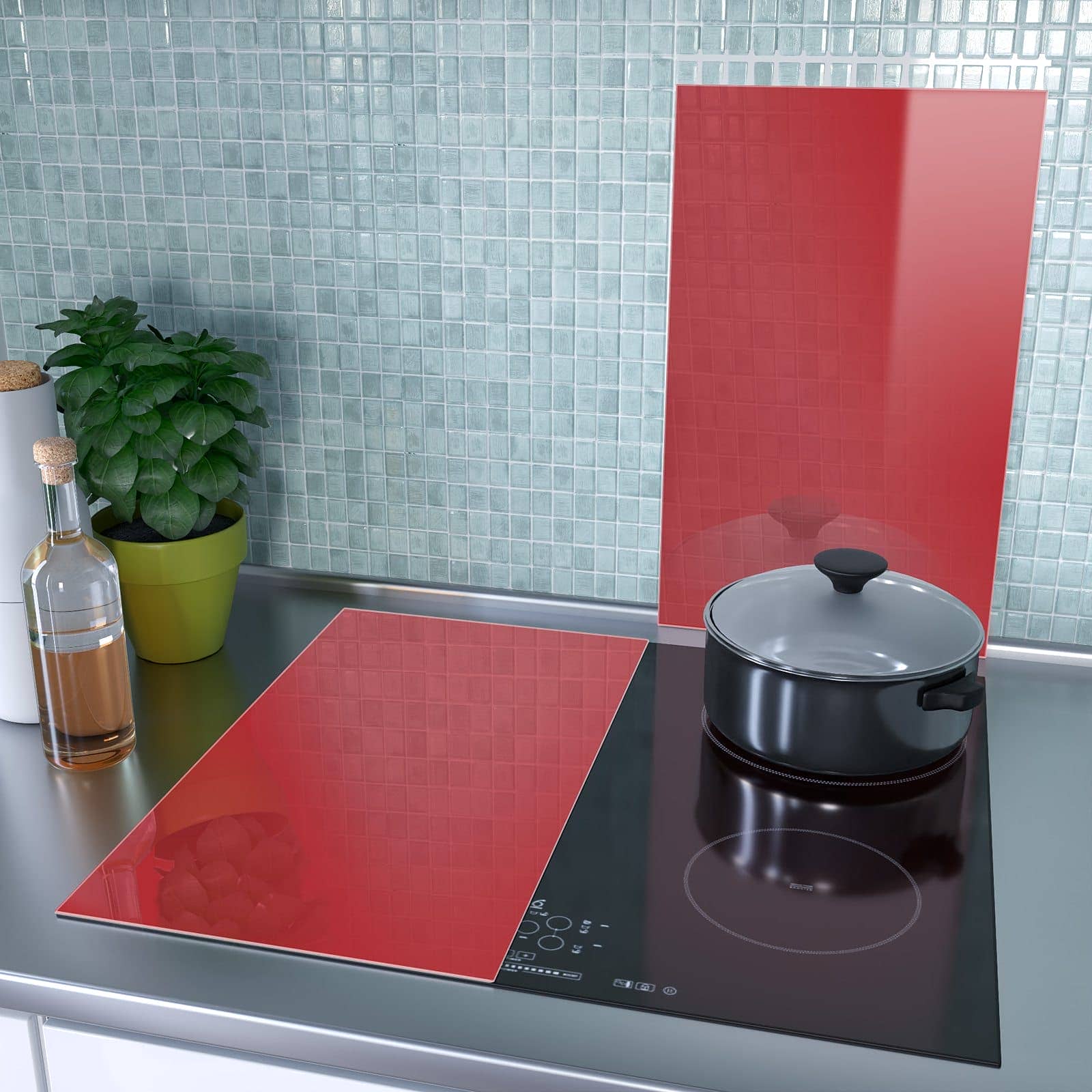 2-teilige Abdeckplatte Ceranfeld mit Weinroter Hintergrund III-Motiv als Spritzschutz hinter dem Kochfeld