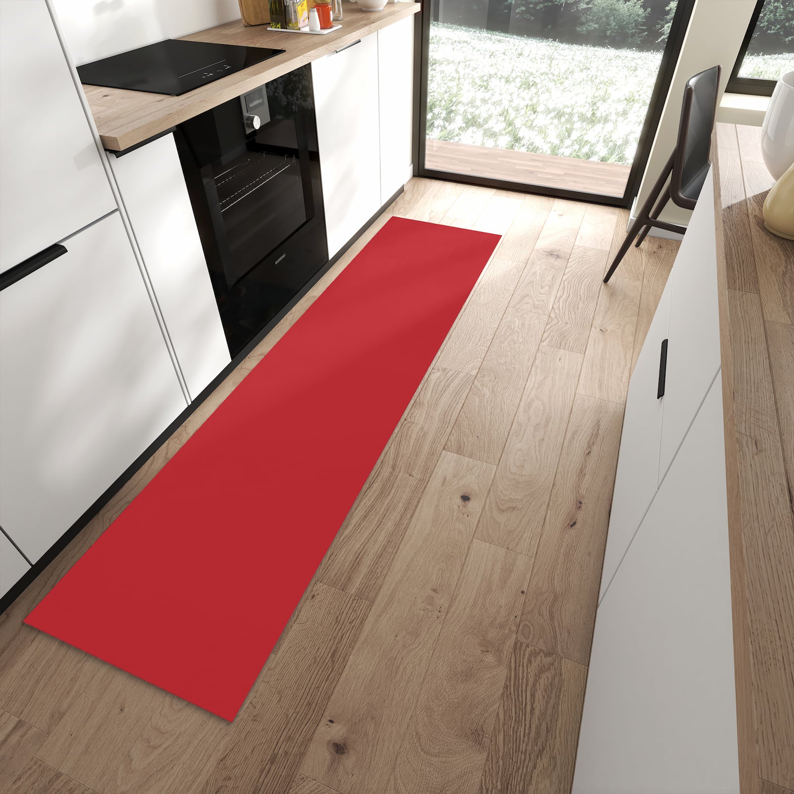 Hygienischer Küchenteppich mit Motiv Weinroter Hintergrund III in moderner Küche