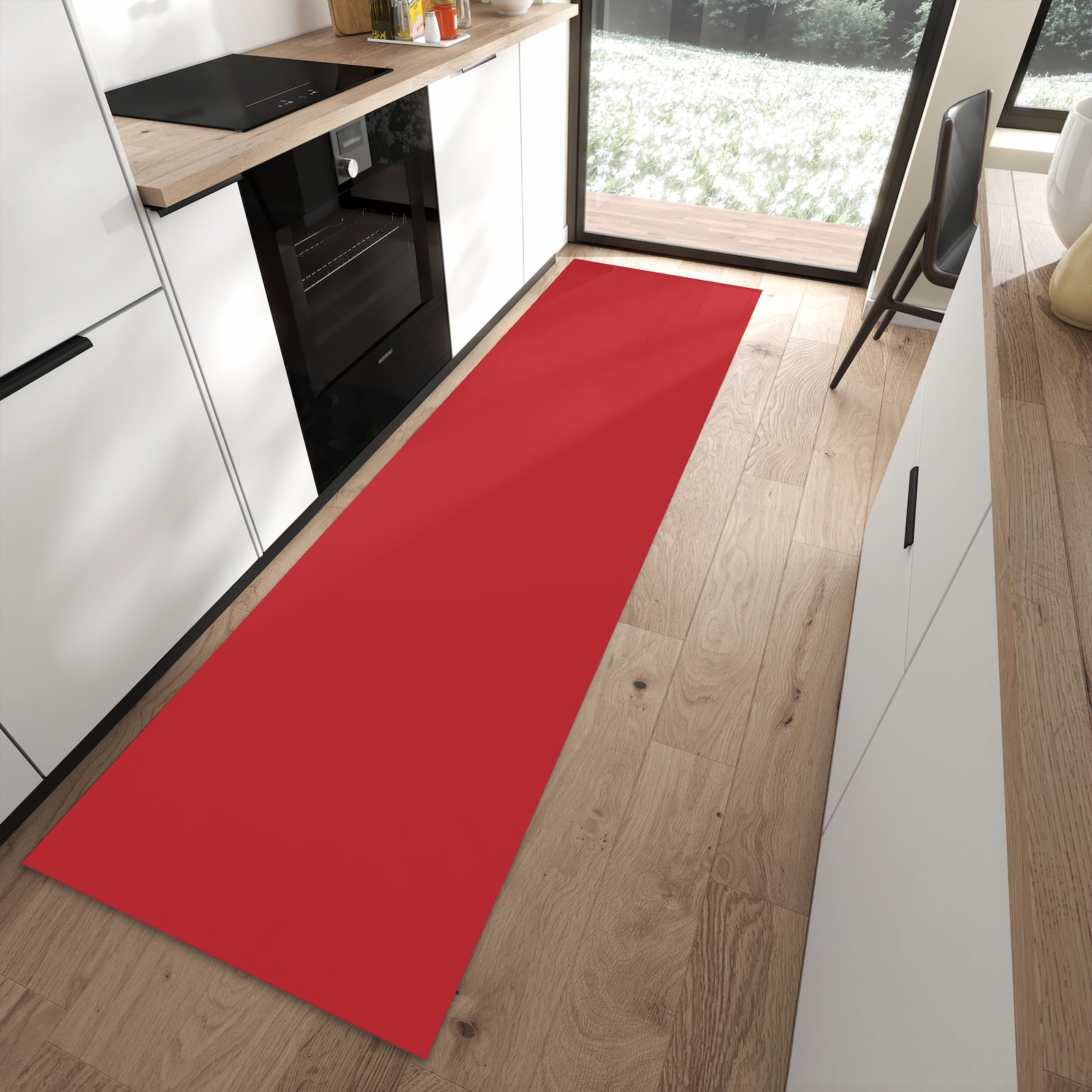 Bodenschonender waschbarer Läufer für die Küche mit Motiv Weinroter Hintergrund III in moderner Küche