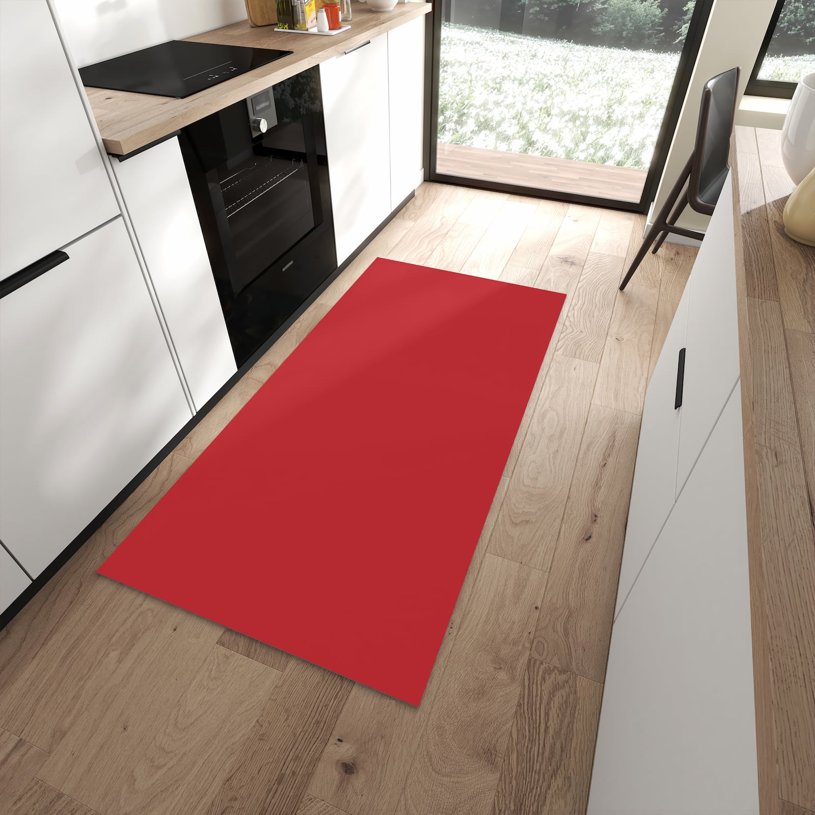 Bodenschonender langer Teppich mit Motiv Weinroter Hintergrund III in moderner Küche