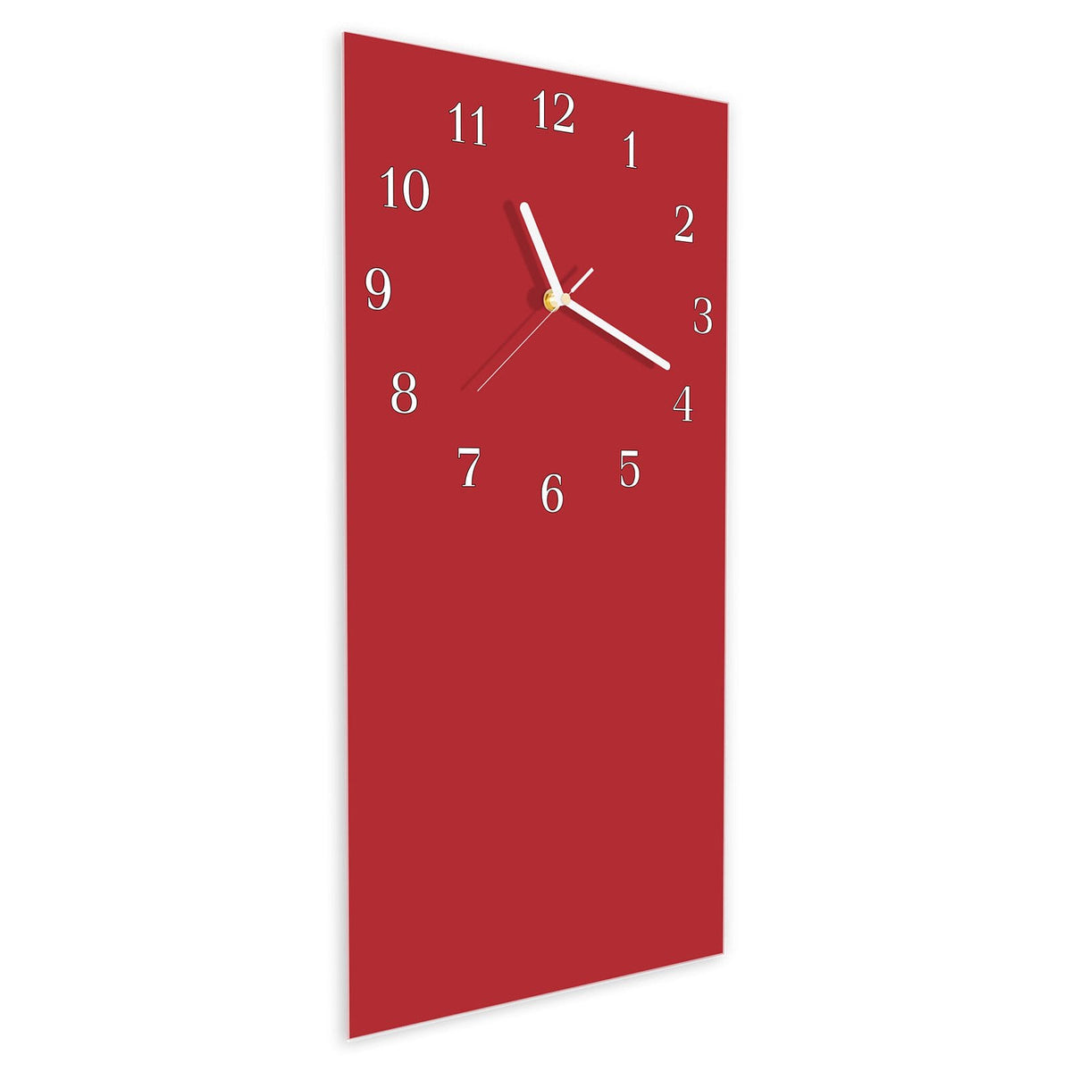 Wanduhr aus Glas im Hochformat Kirschrot schräg von der Seite, 4 mm starkes Glas