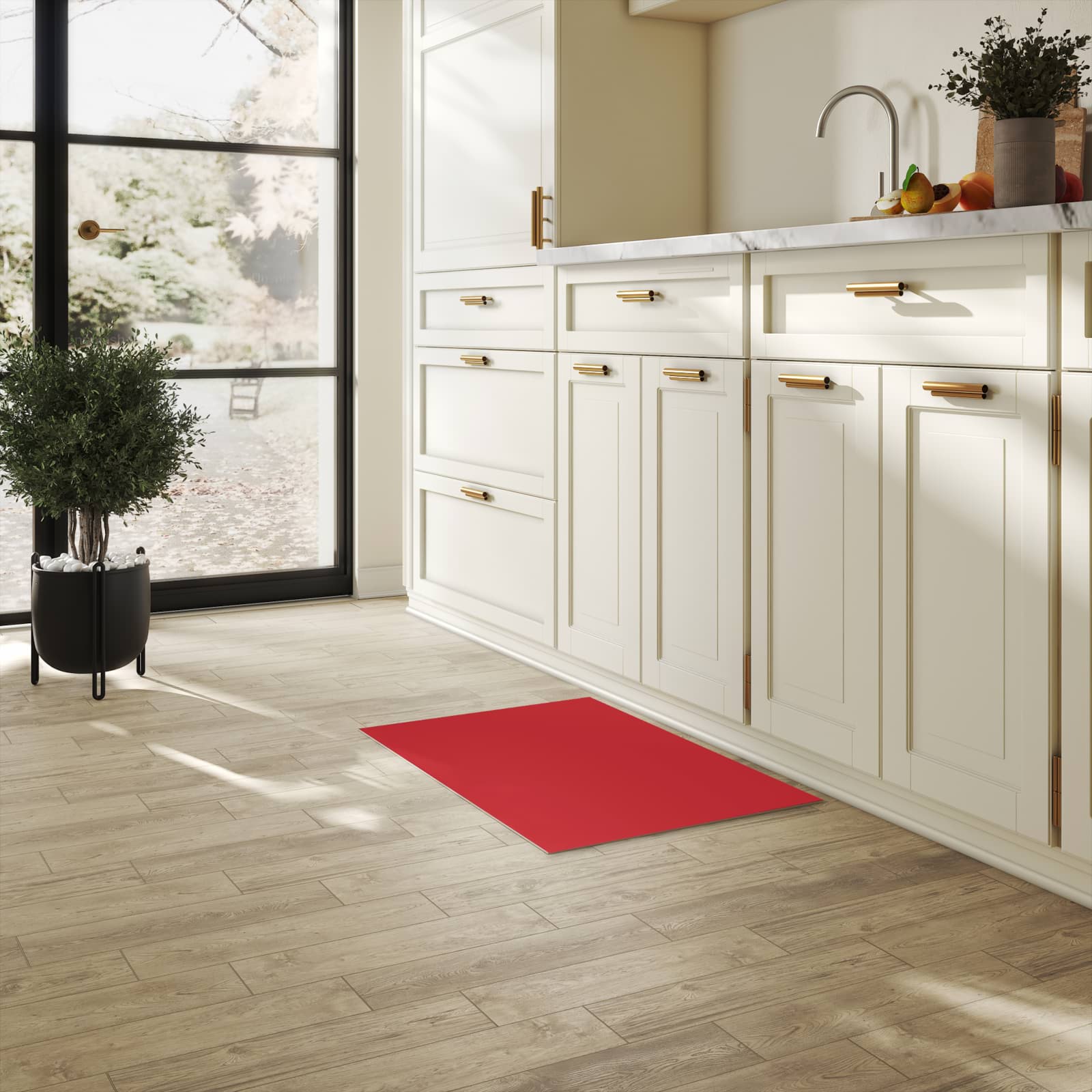 Farbbeständiger rutschfester Küchenteppich mit Motiv Weinroter Hintergrund III in heller Küche