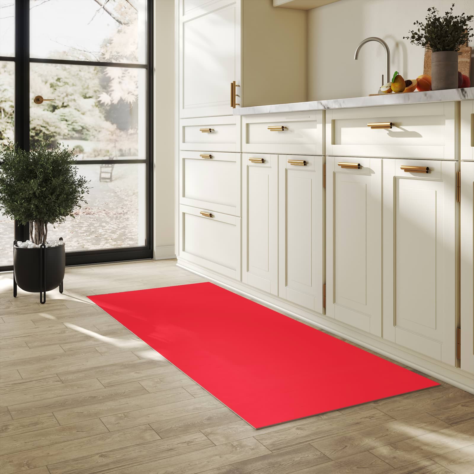 Rutschfester Teppich für Esstisch mit Motiv Pink-Roter Hintergrund in heller Küche