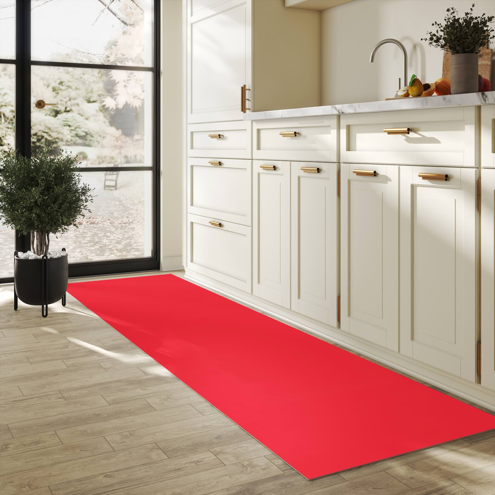 Hygienischer Bodenläufer Teppich mit Motiv Pink-Roter Hintergrund in heller Küche