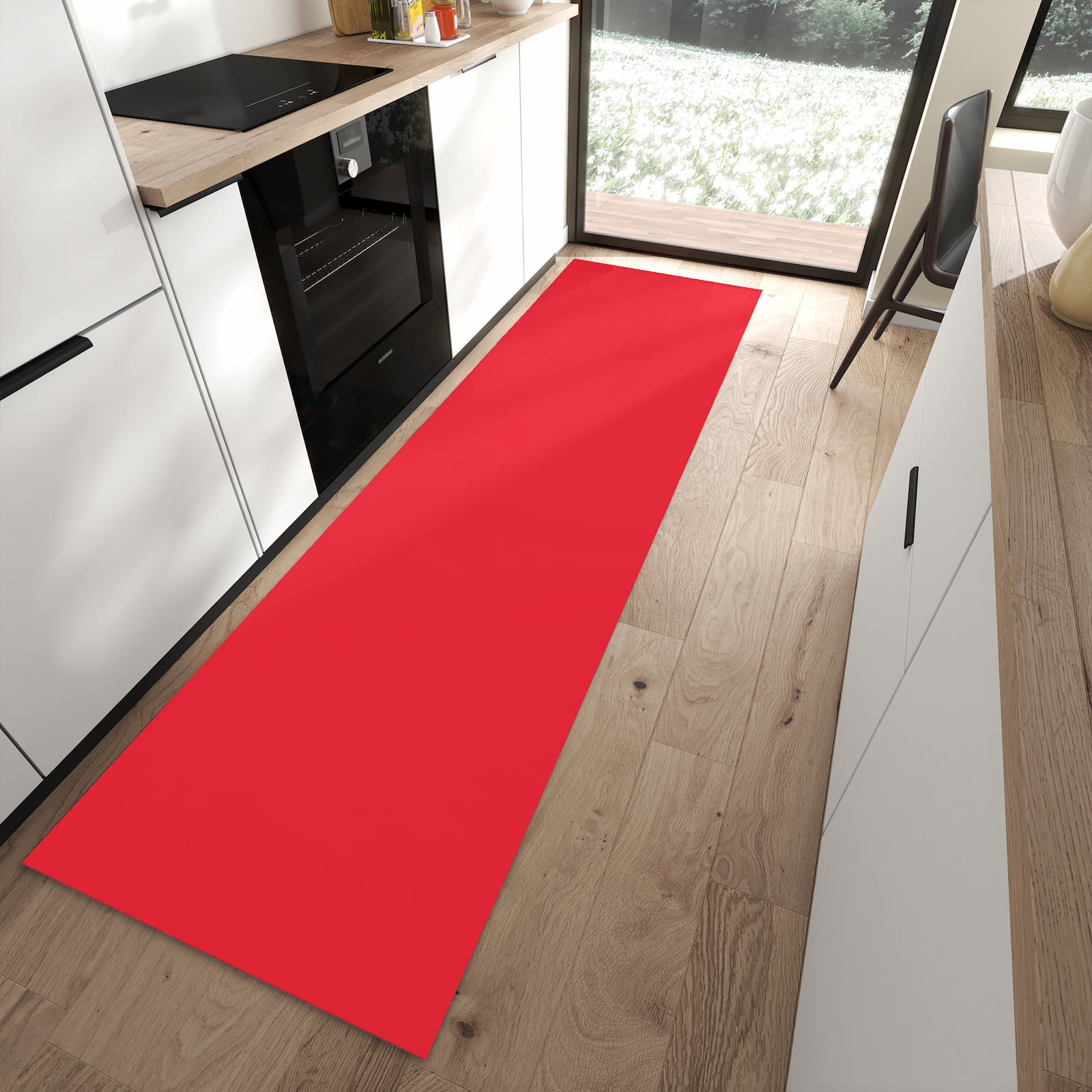 Langlebiger Küchenteppich mit Motiv Pink-Roter Hintergrund in moderner Küche