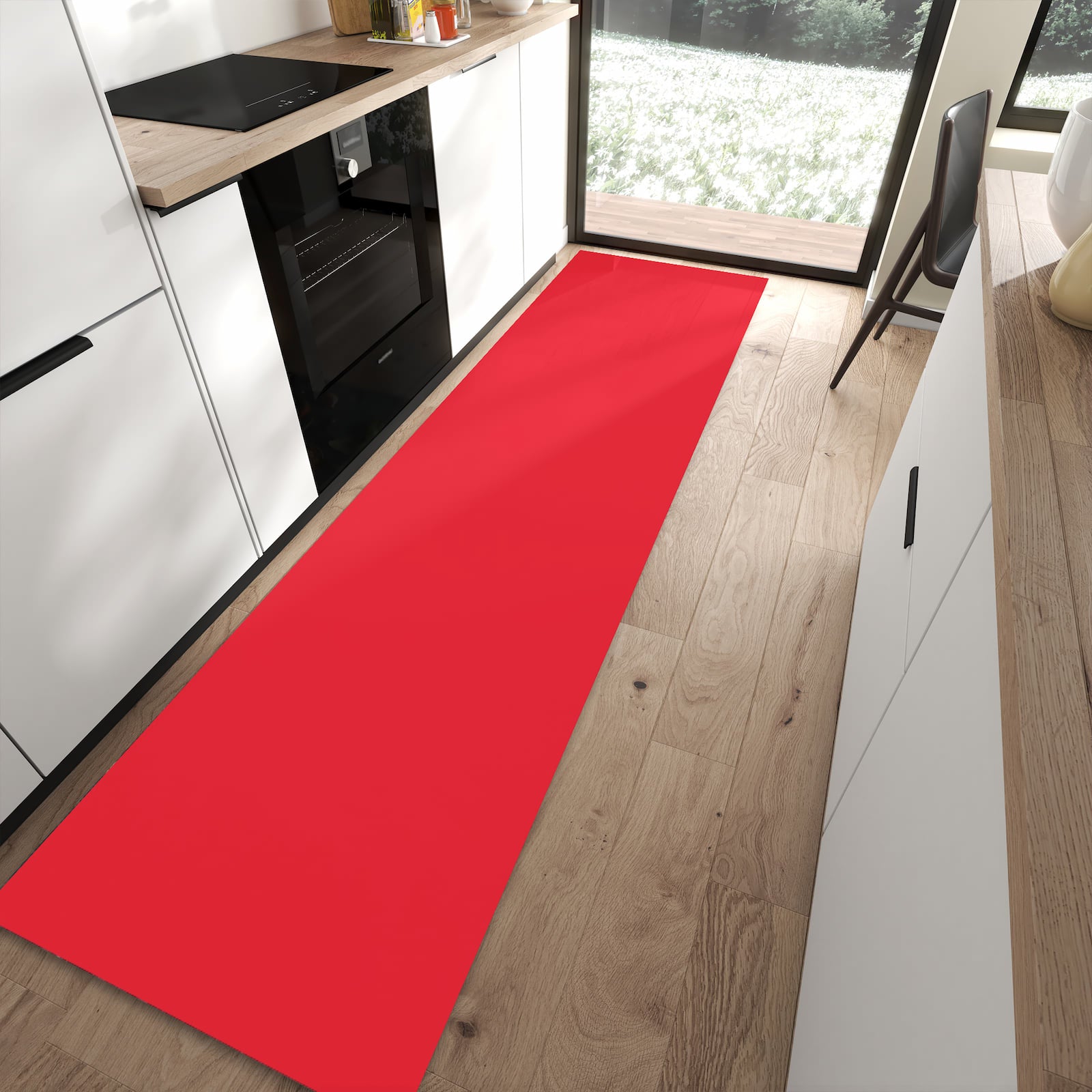 Flacher Küchenteppich mit Motiv Pink-Roter Hintergrund in moderner Küche