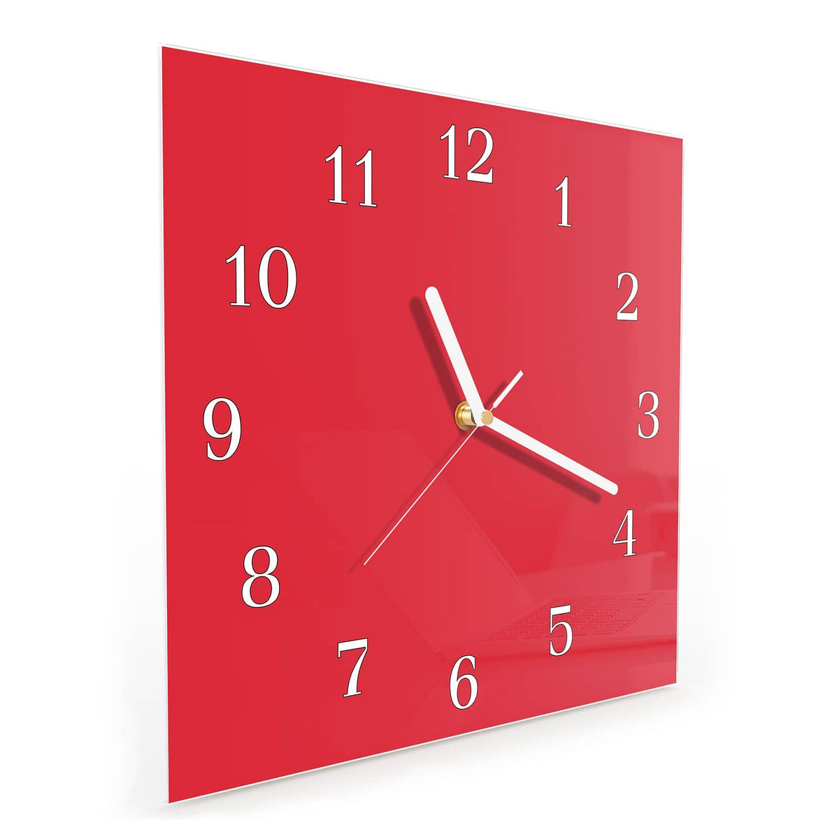 Quadratische Wanduhr aus Glas Pinkroter Hintergrund schräg von der Seite, 4 mm starkes Glas