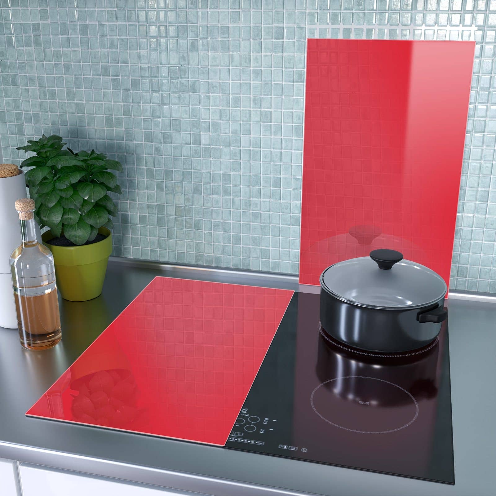2-teilige Abdeckung für Herdplatten mit Pink-Roter Hintergrund-Motiv als Spritzschutz hinter dem Kochfeld