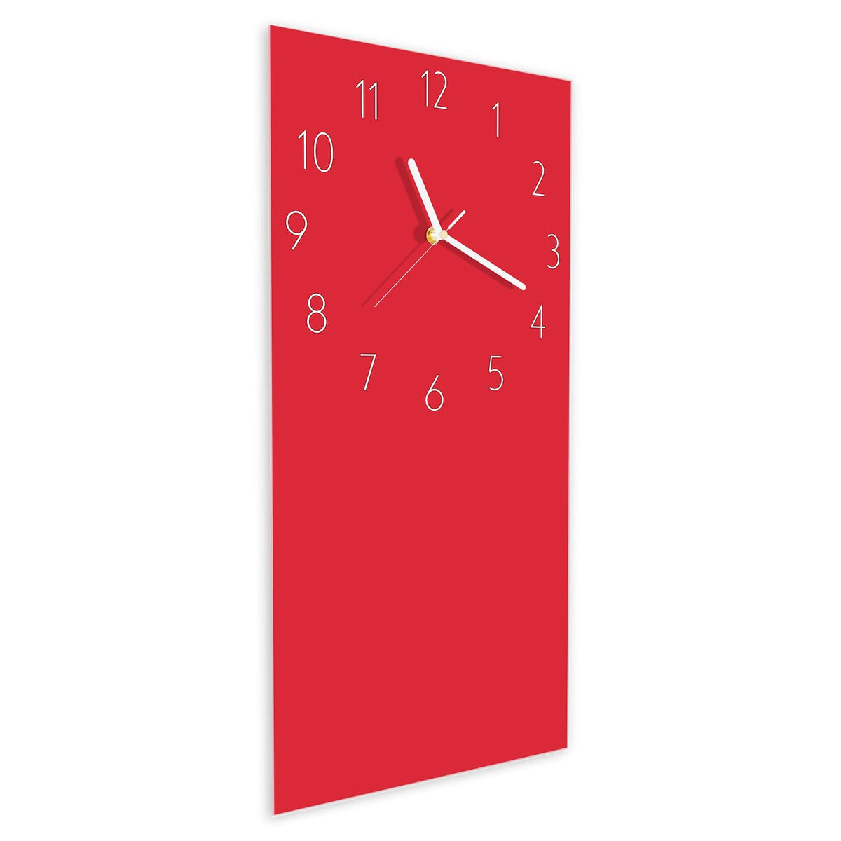 Wanduhr aus Glas im Hochformat Pinkroter Hintergrund schräg von der Seite, 4 mm starkes Glas