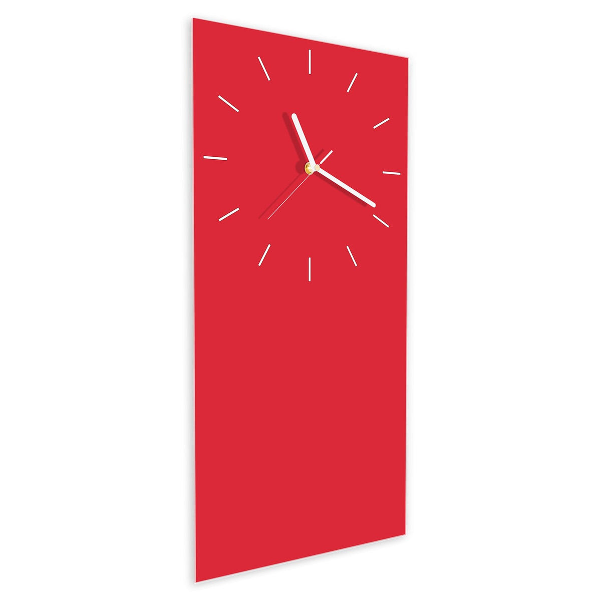 Wanduhr aus Glas im Hochformat Pinkroter Hintergrund schräg von der Seite, 4 mm starkes Glas