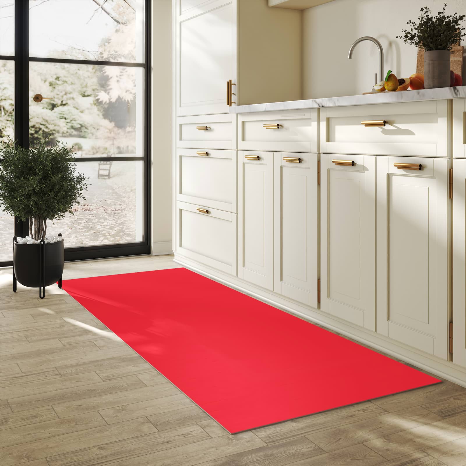 Waschbarer Küchenteppich mit Motiv Pink-Roter Hintergrund in heller Küche