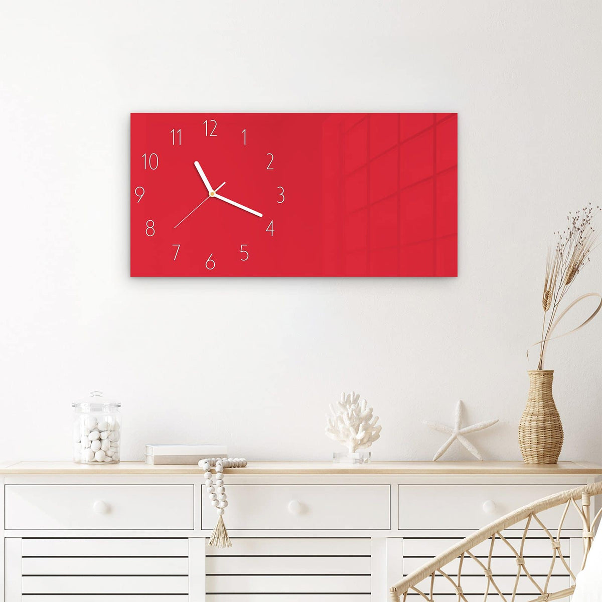 Wanduhr Pink-Roter Hintergrund aus Glas – Querformat 60 × 30 cm – Leuchtendes Pinkrot als Farbfläche