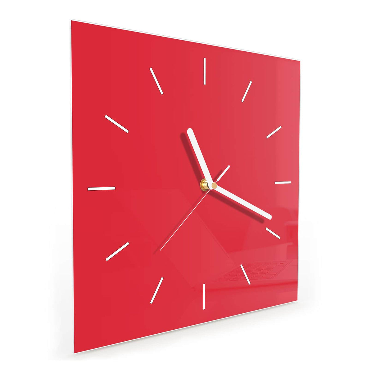 Quadratische Wanduhr aus Glas Pinkroter Hintergrund schräg von der Seite, 4 mm starkes Glas