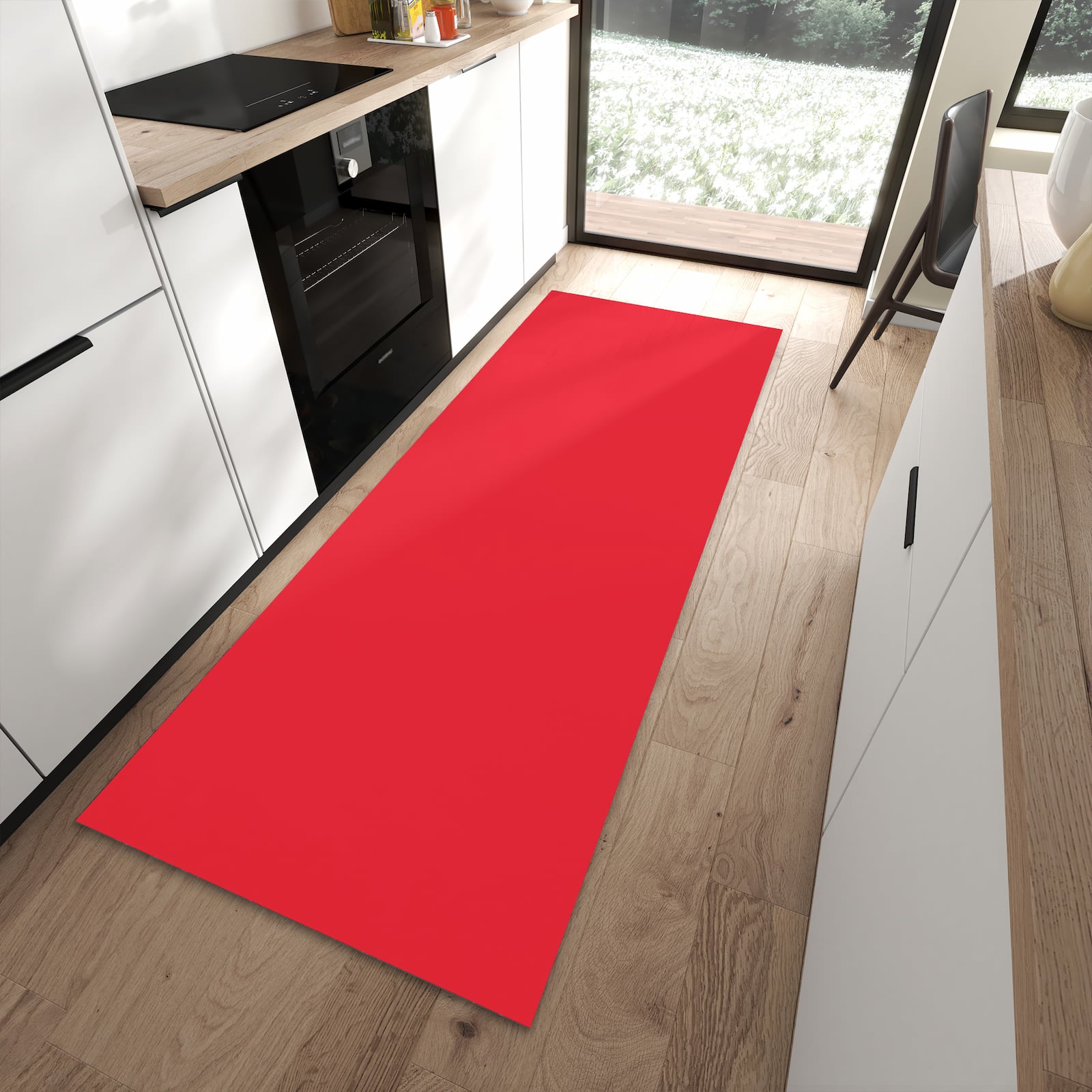 Komfortabler Küchenteppich mit Motiv Pink-Roter Hintergrund in moderner Küche