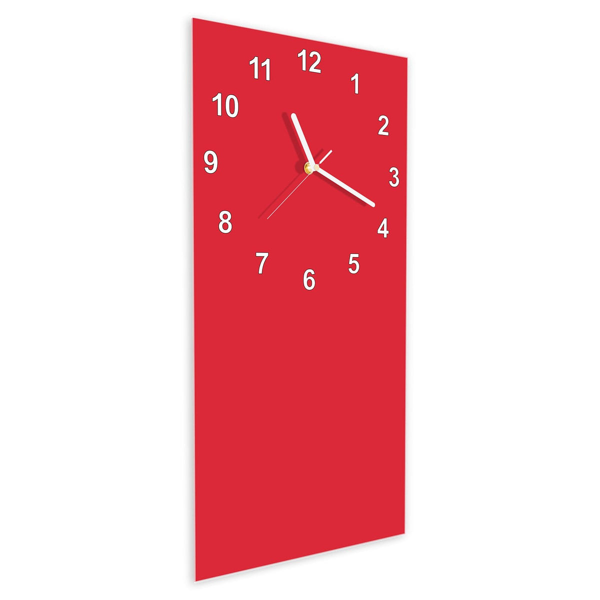Wanduhr aus Glas im Hochformat Pinkroter Hintergrund schräg von der Seite, 4 mm starkes Glas