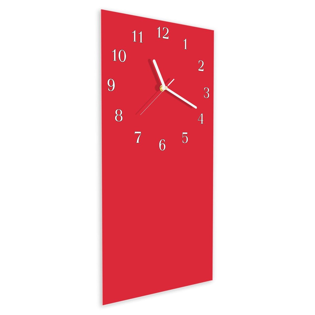 Wanduhr aus Glas im Hochformat Pinkroter Hintergrund schräg von der Seite, 4 mm starkes Glas